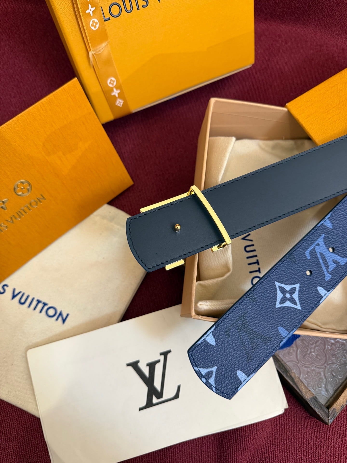 Louis Vuitton LV Royal Blue Dimension Monogram Heritage 40mm Reversible Belt - Gold & Black Buckle