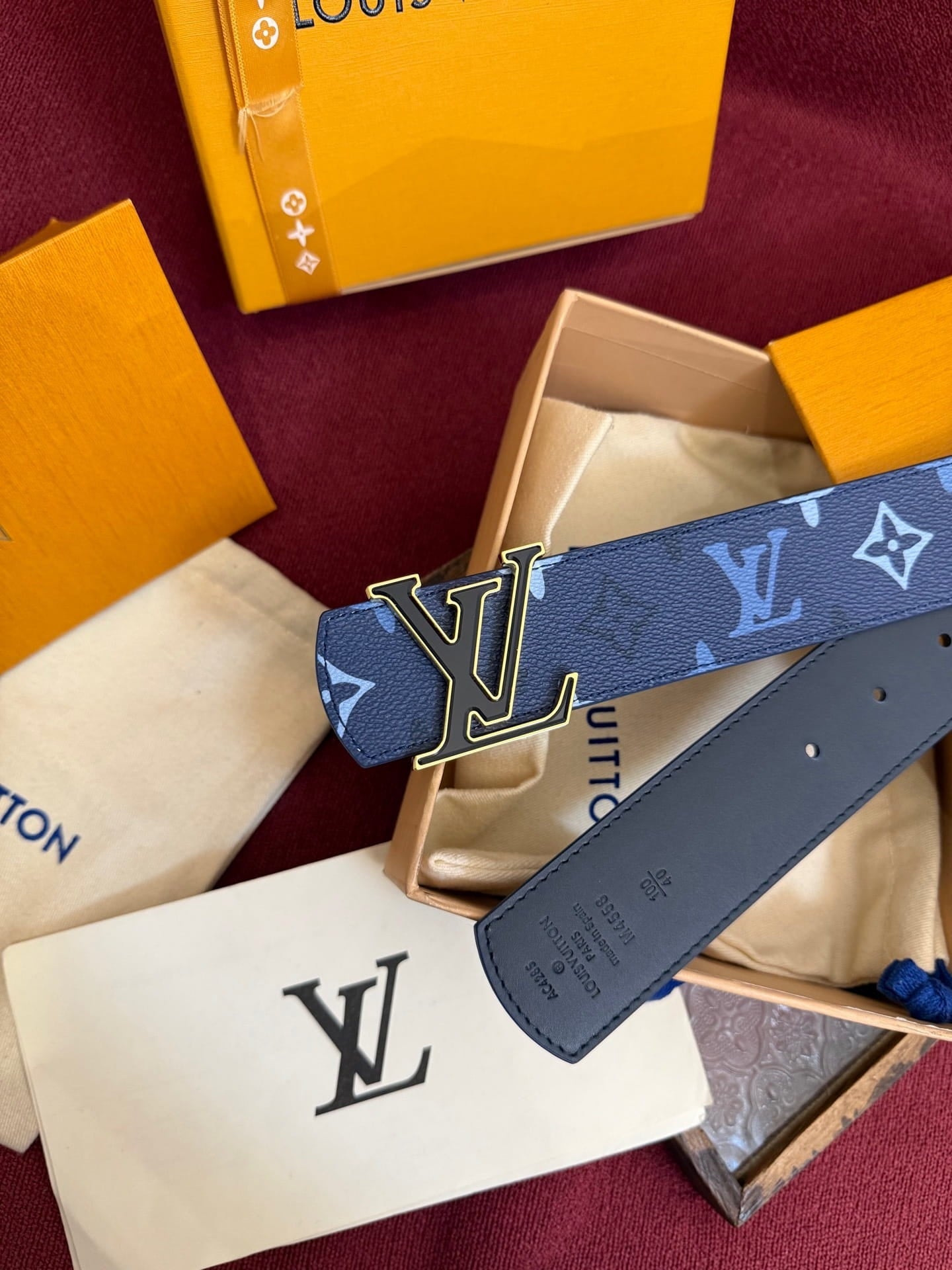 Louis Vuitton LV Royal Blue Dimension Monogram Heritage 40mm Reversible Belt - Gold & Black Buckle