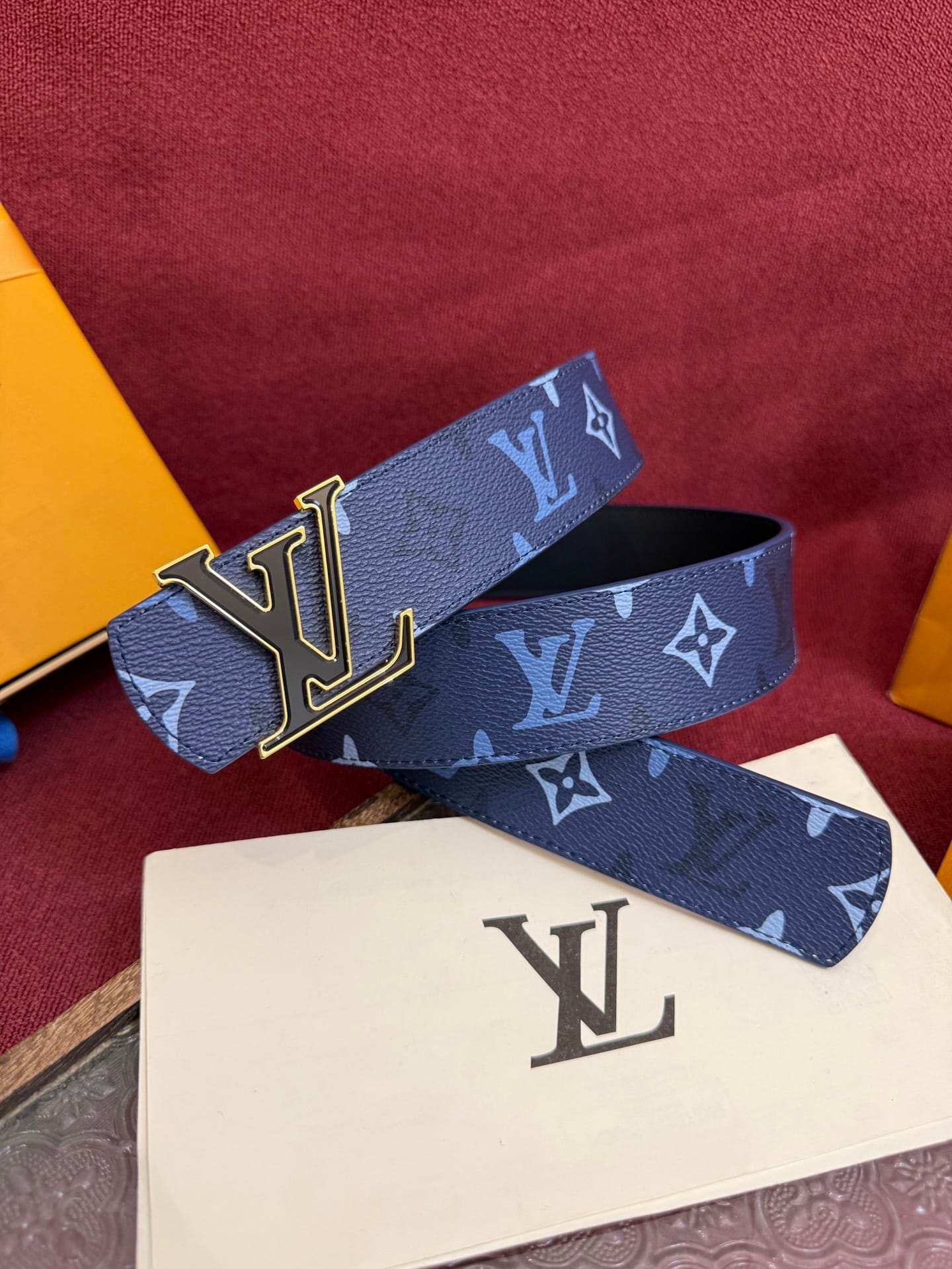 Louis Vuitton LV Royal Blue Dimension Monogram Heritage 40mm Reversible Belt - Gold & Black Buckle