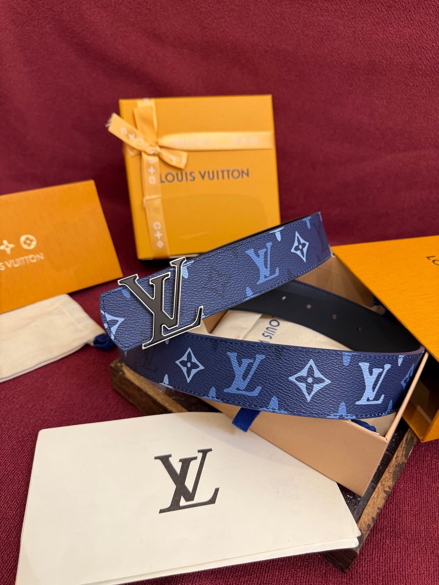 Louis Vuitton LV Royal Blue Dimension Monogram Heritage 40mm Reversible Belt - Silver & Black Buckle