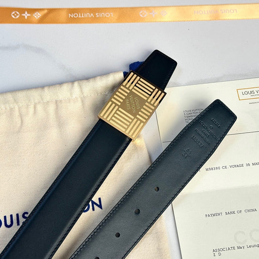 Louis Vuitton LV Stripes Heritage 35mm Reversible Belt - Gold Plate Architectural Buckle