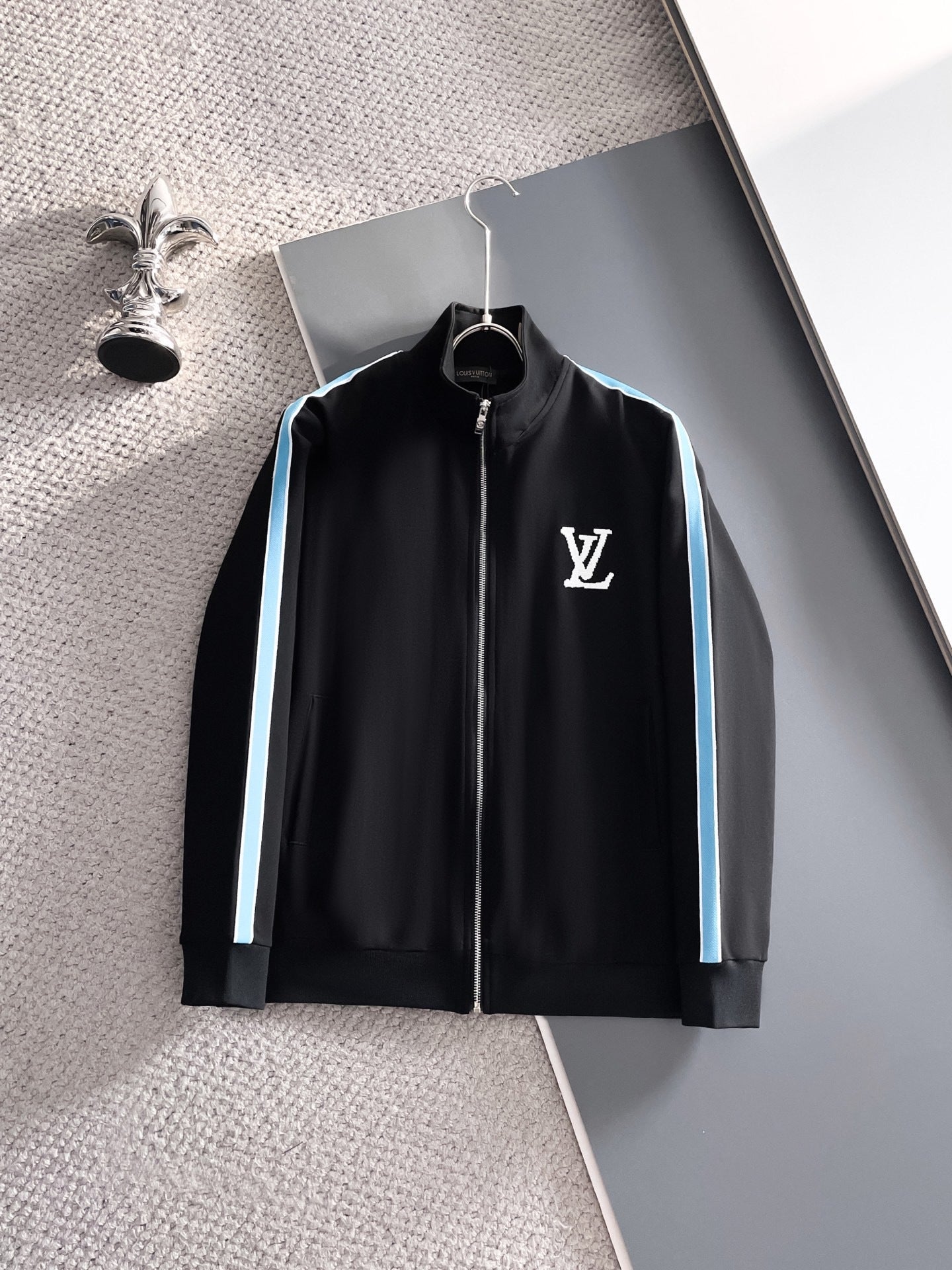 Louis Vuitton LV Technical Knit Tracksuit - Black with Blue Side Stripe Jacket and Pants Set