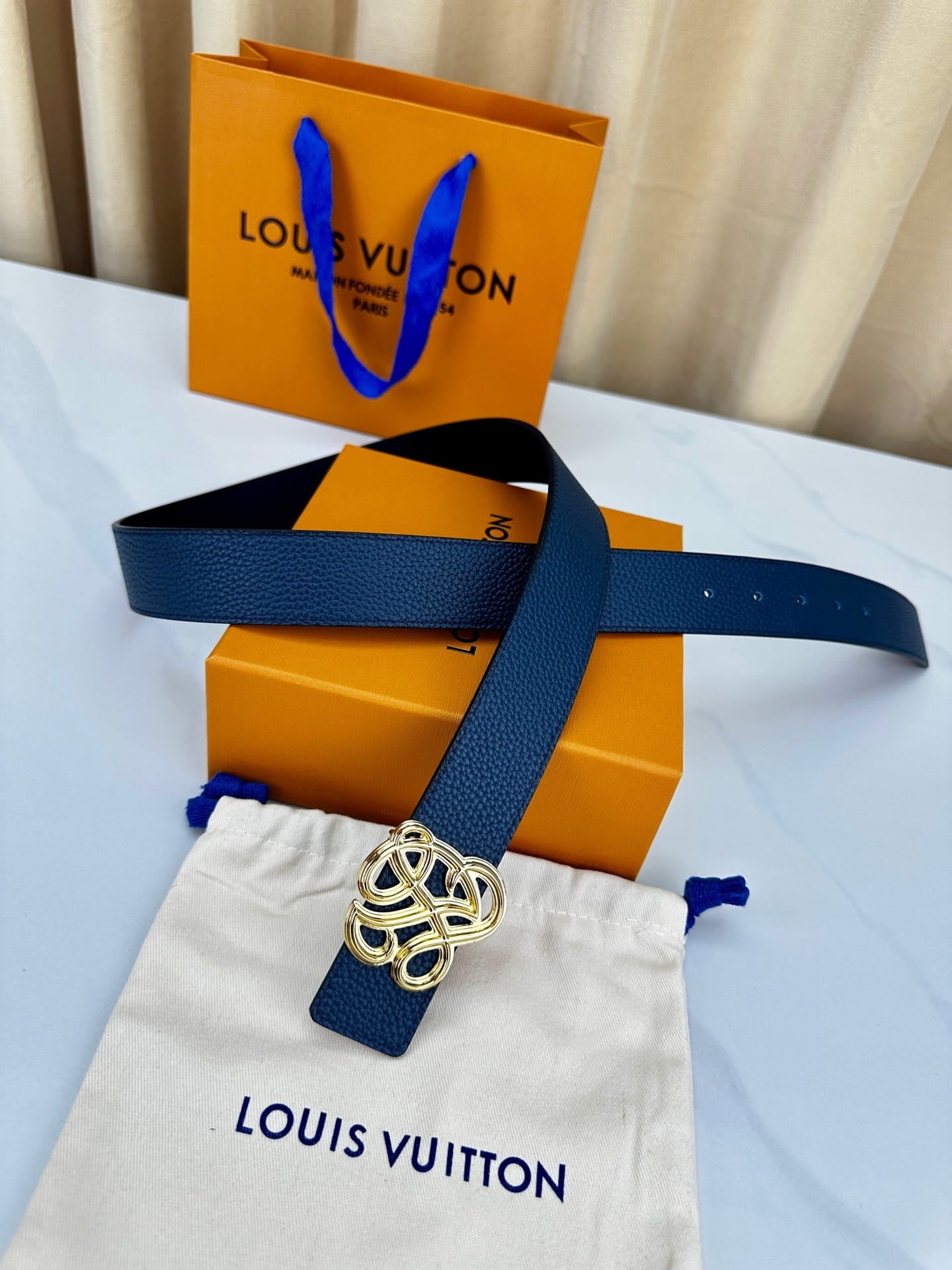Louis Vuitton LV Women's Dynasty Marine Blue 35mm Reversible Belt - Polished Gold Hardware