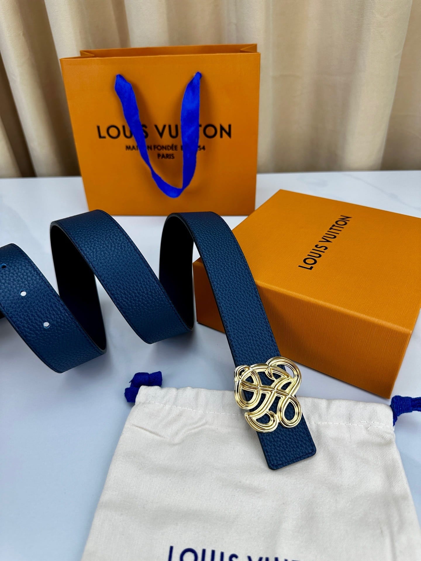 Louis Vuitton LV Women's Dynasty Marine Blue 35mm Reversible Belt - Polished Gold Hardware