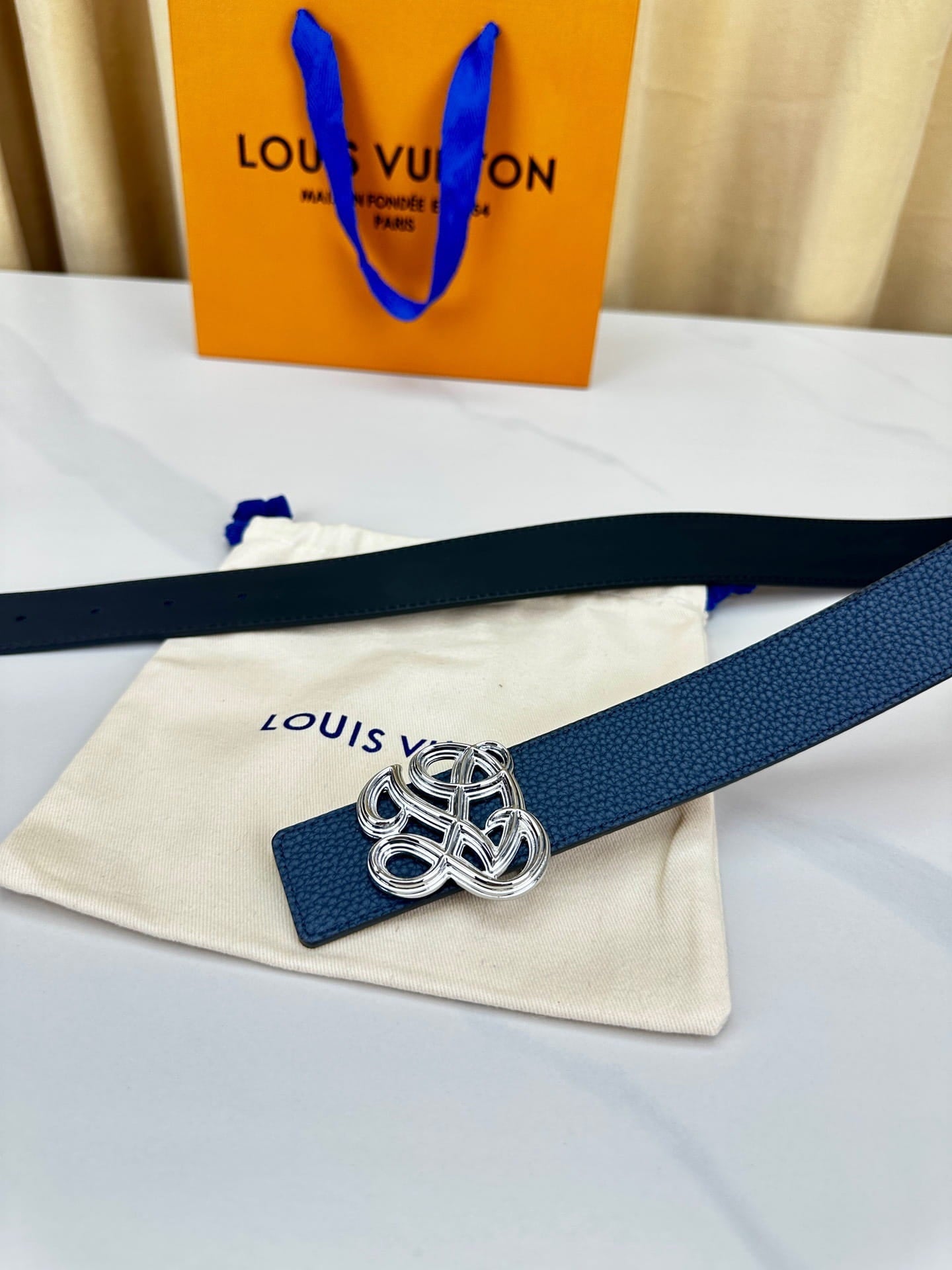Louis Vuitton LV Women's Dynasty Marine Blue 35mm Reversible Belt - Polished Silver Hardware