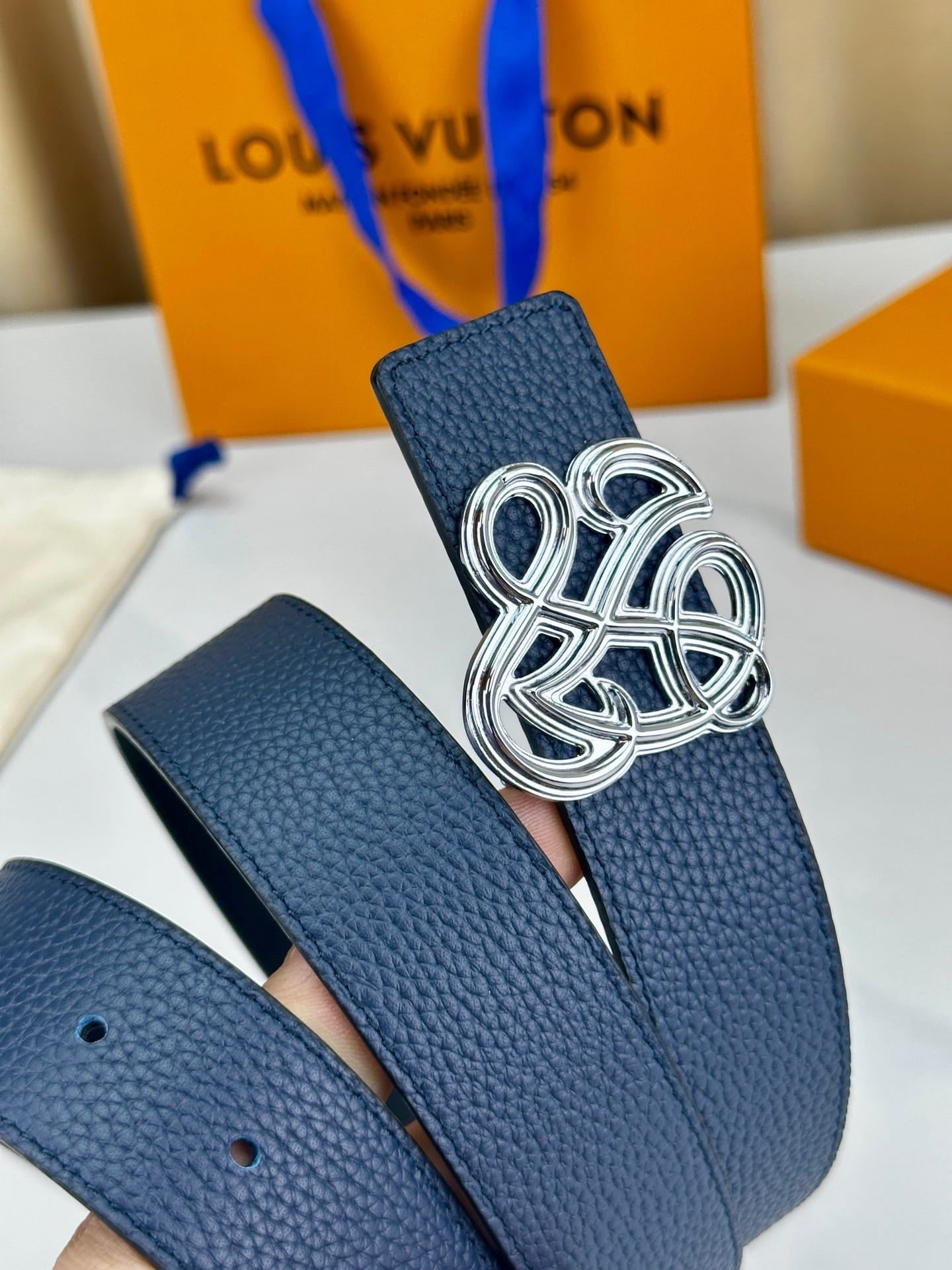 Louis Vuitton LV Women's Dynasty Marine Blue 35mm Reversible Belt - Polished Silver Hardware