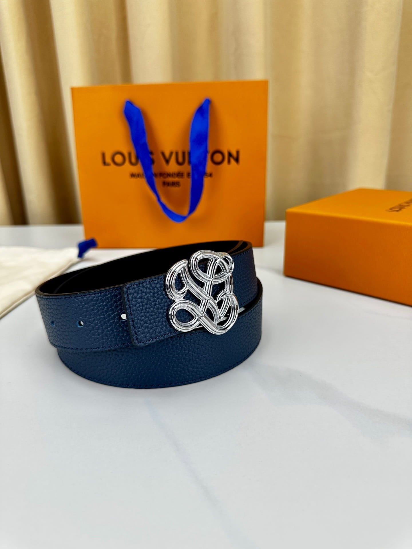 Louis Vuitton LV Women's Dynasty Marine Blue 35mm Reversible Belt - Polished Silver Hardware
