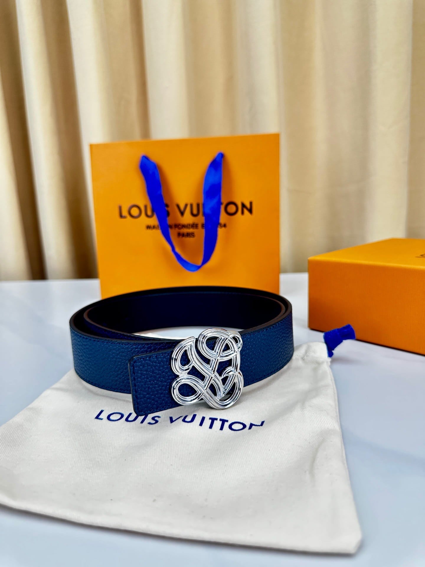 Louis Vuitton LV Women's Dynasty Marine Blue 35mm Reversible Belt - Polished Silver Hardware
