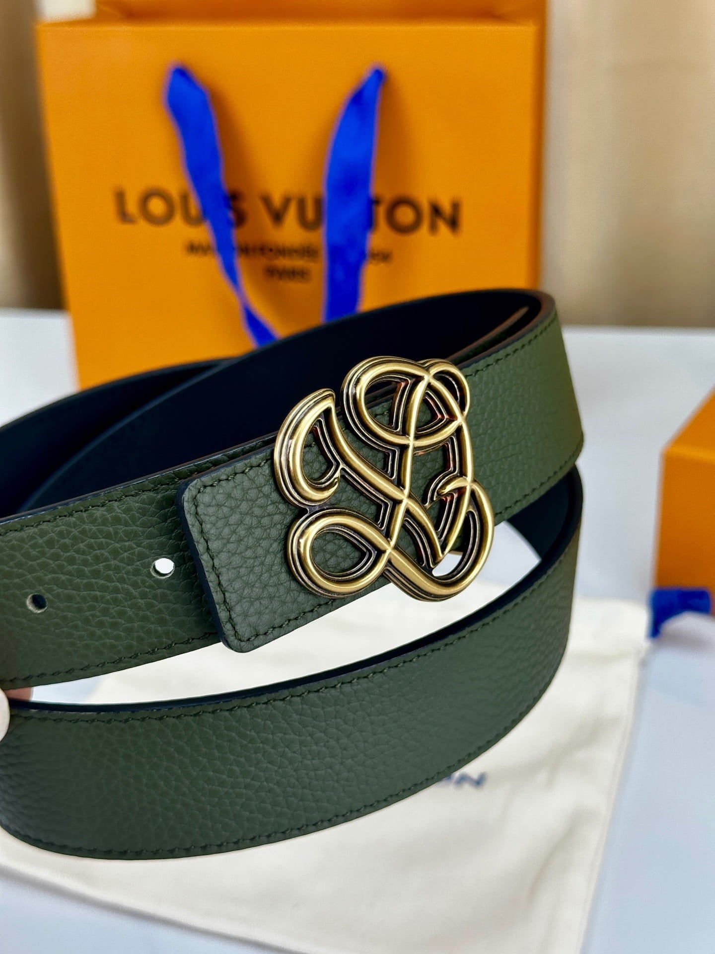 Louis Vuitton LV Women's Dynasty Olive Green 35mm Reversible Belt - Brushed Gold Hardware