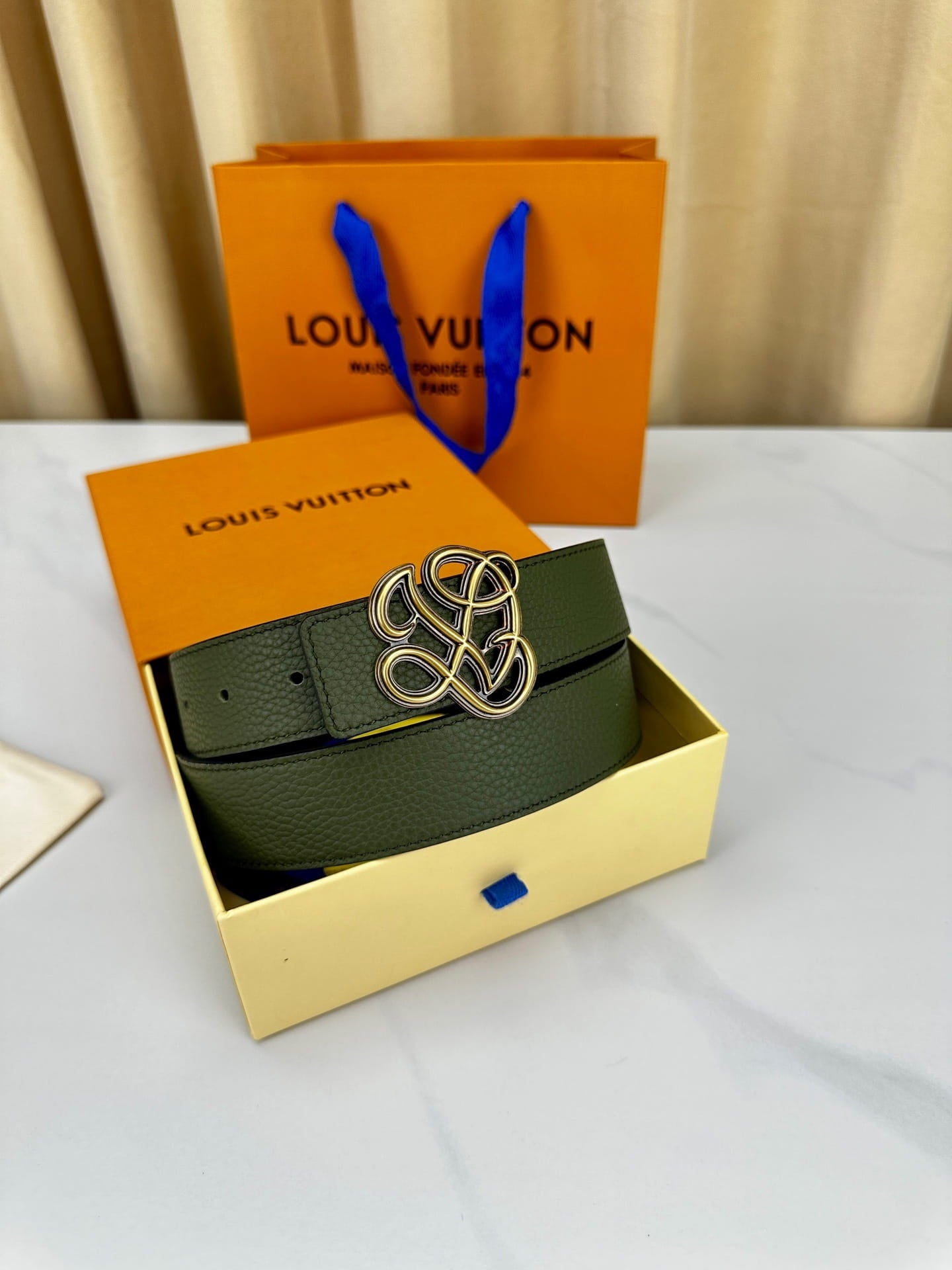 Louis Vuitton LV Women's Dynasty Olive Green 35mm Reversible Belt - Brushed Gold Hardware