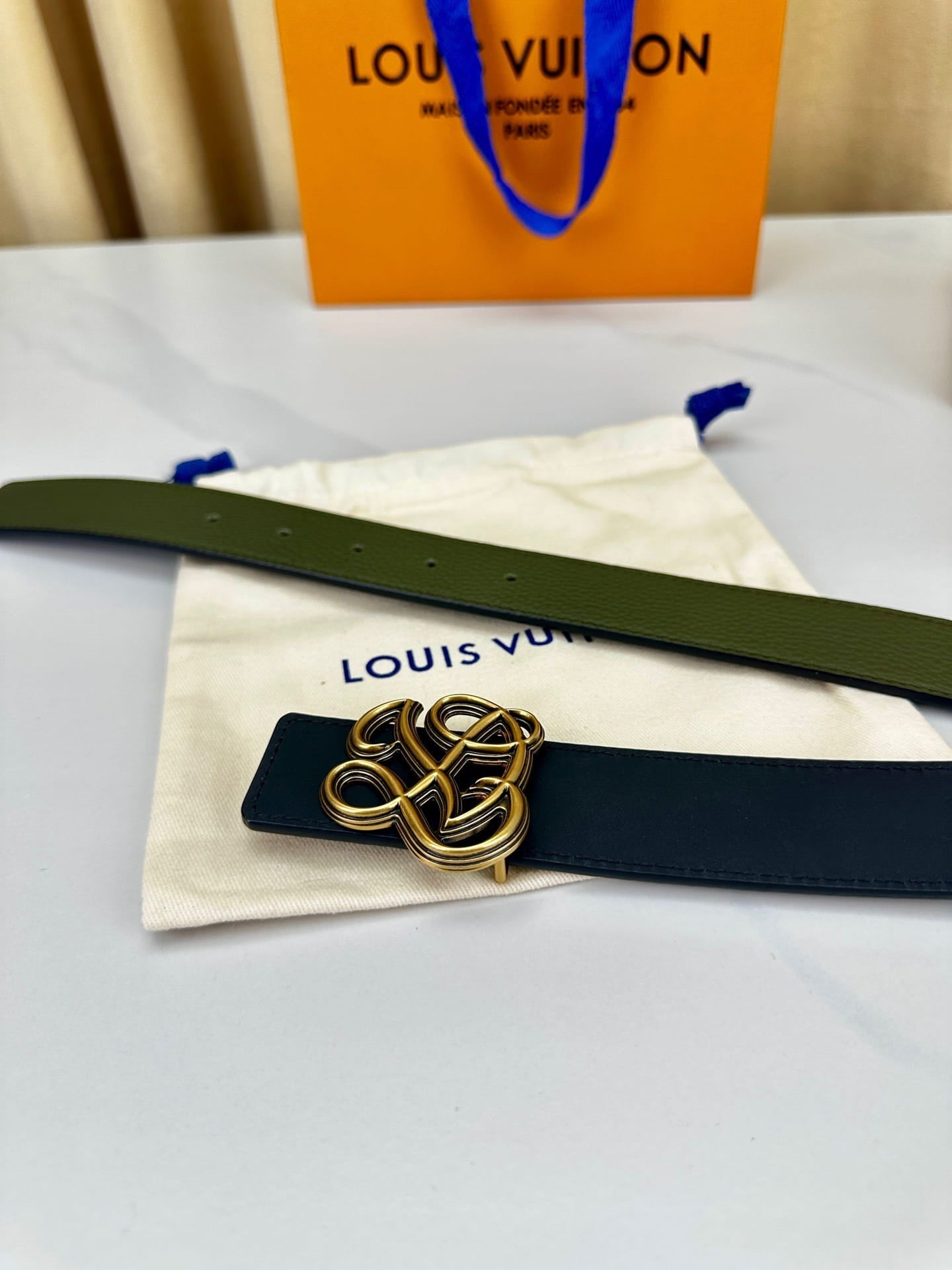 Louis Vuitton LV Women's Dynasty Olive Green 35mm Reversible Belt - Brushed Gold Hardware