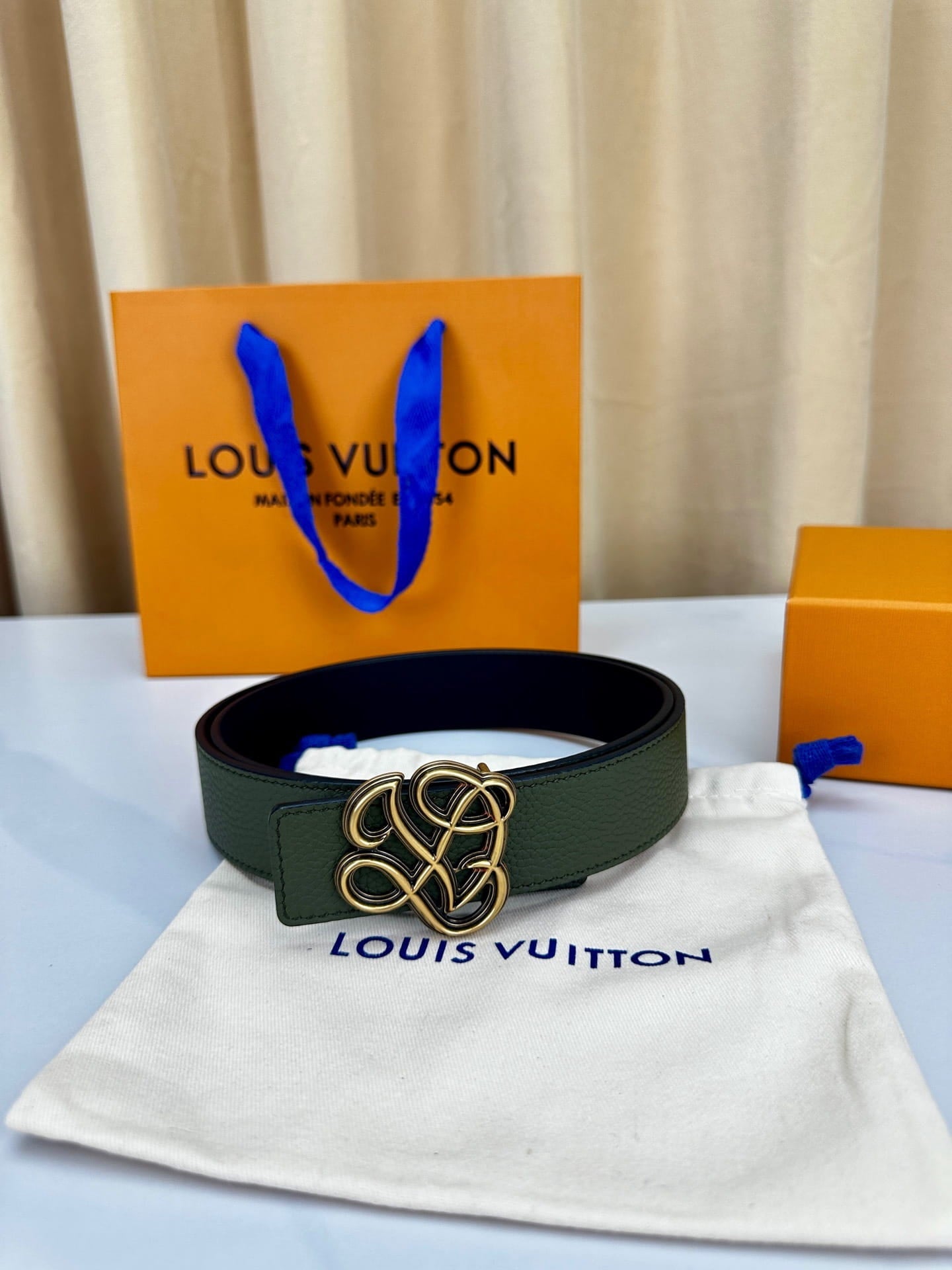 Louis Vuitton LV Women's Dynasty Olive Green 35mm Reversible Belt - Brushed Gold Hardware