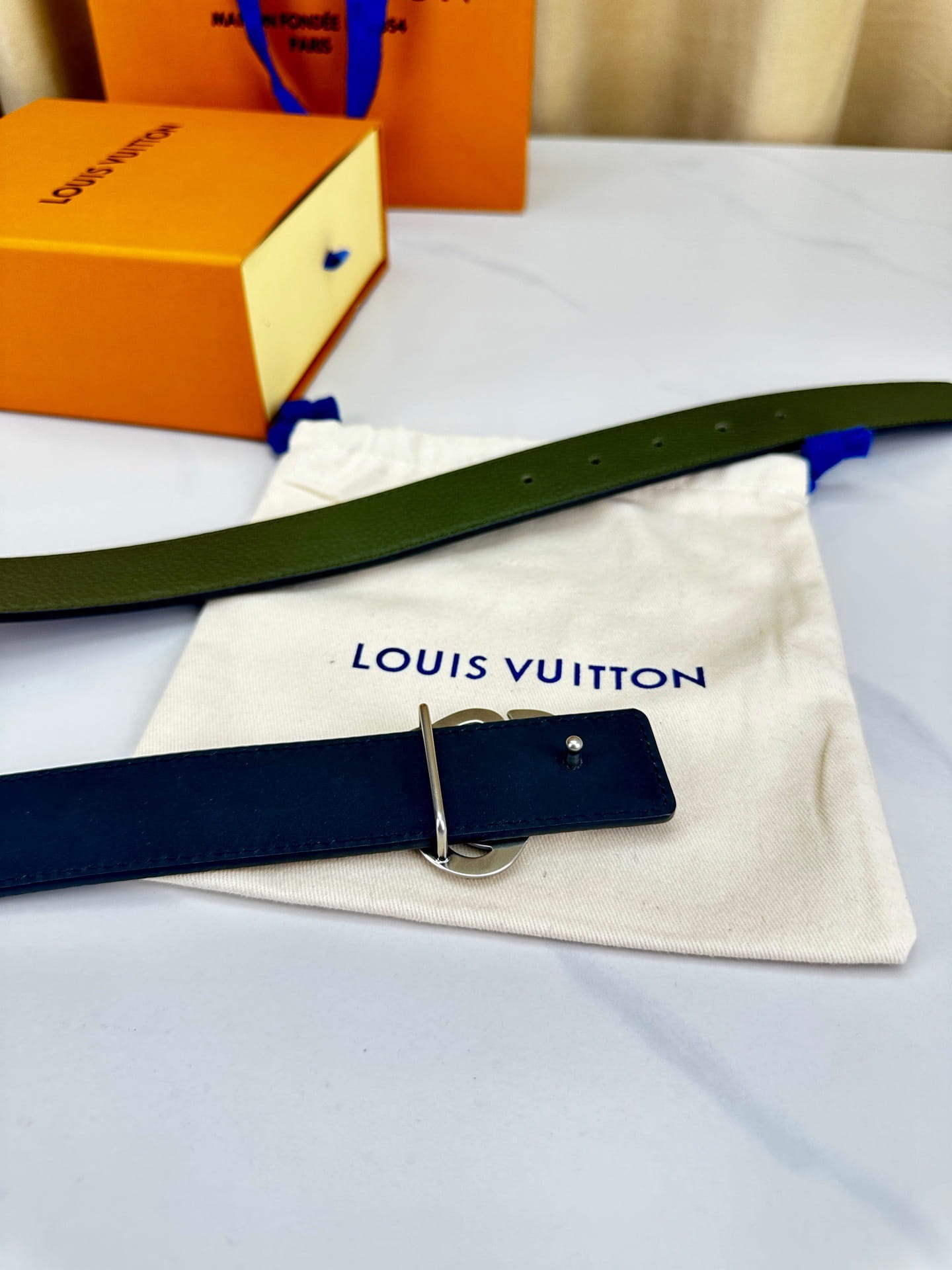 Louis Vuitton LV Women's Dynasty Olive Green 35mm Reversible Belt - Brushed Gold Hardware