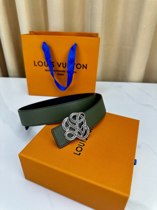 Louis Vuitton LV Women's Dynasty Olive Green 35mm Reversible Belt - Polished Silver Hardware