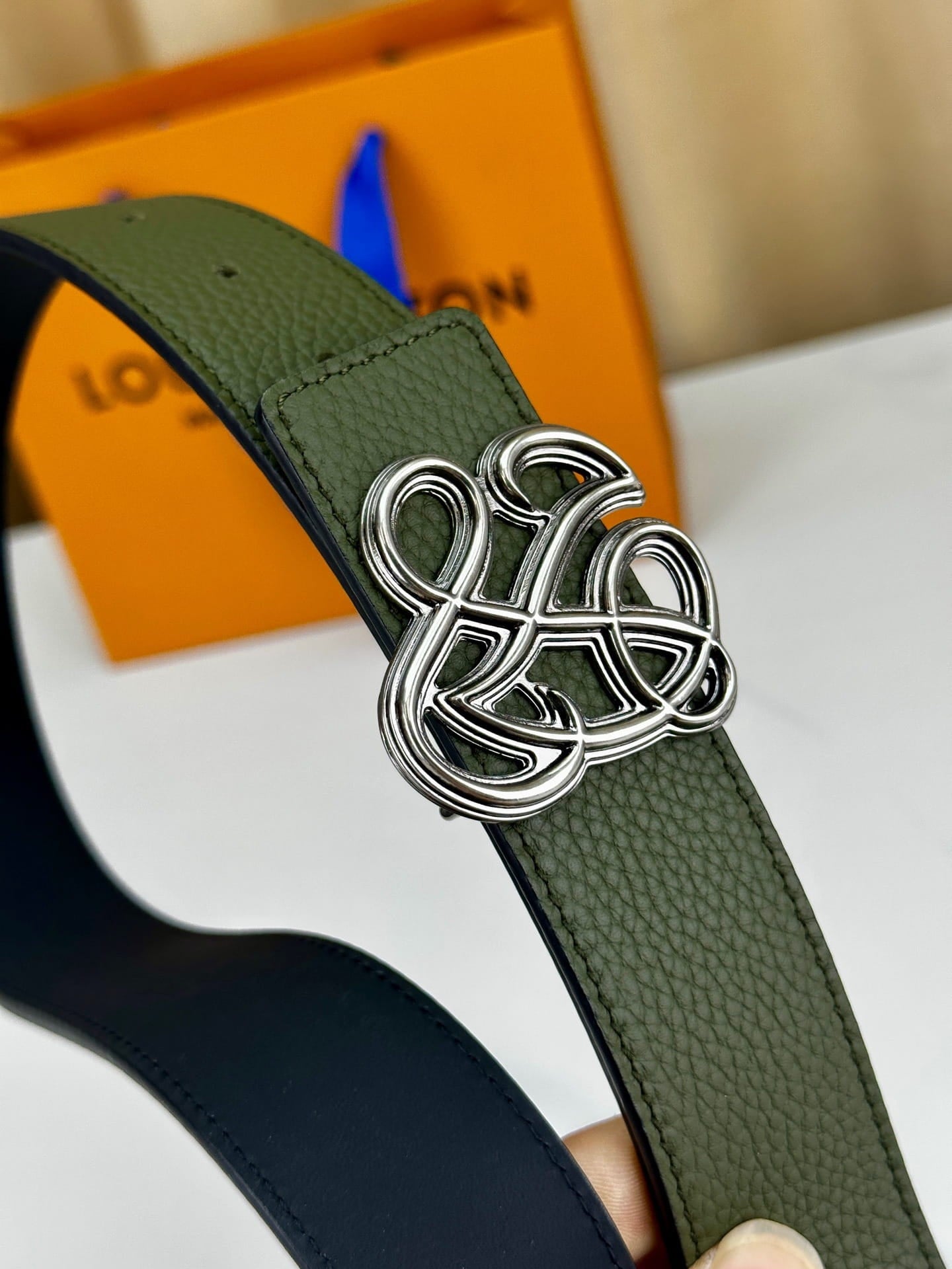 Louis Vuitton LV Women's Dynasty Olive Green 35mm Reversible Belt - Polished Silver Hardware
