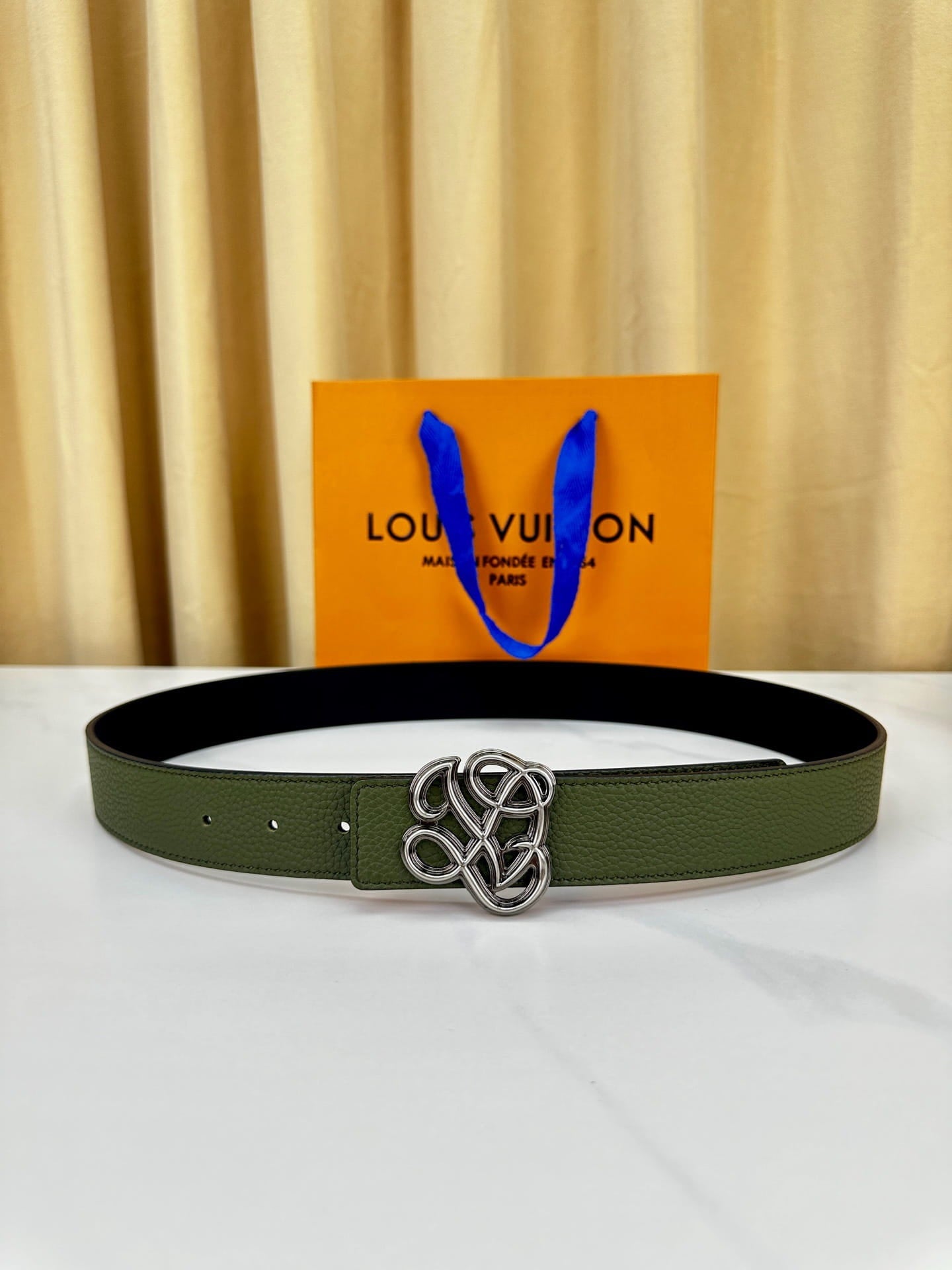 Louis Vuitton LV Women's Dynasty Olive Green 35mm Reversible Belt - Polished Silver Hardware