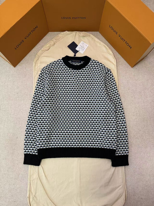 Louis Vuitton LV Black and Blue Damier Pattern Wool Long-Sleeved Pullover