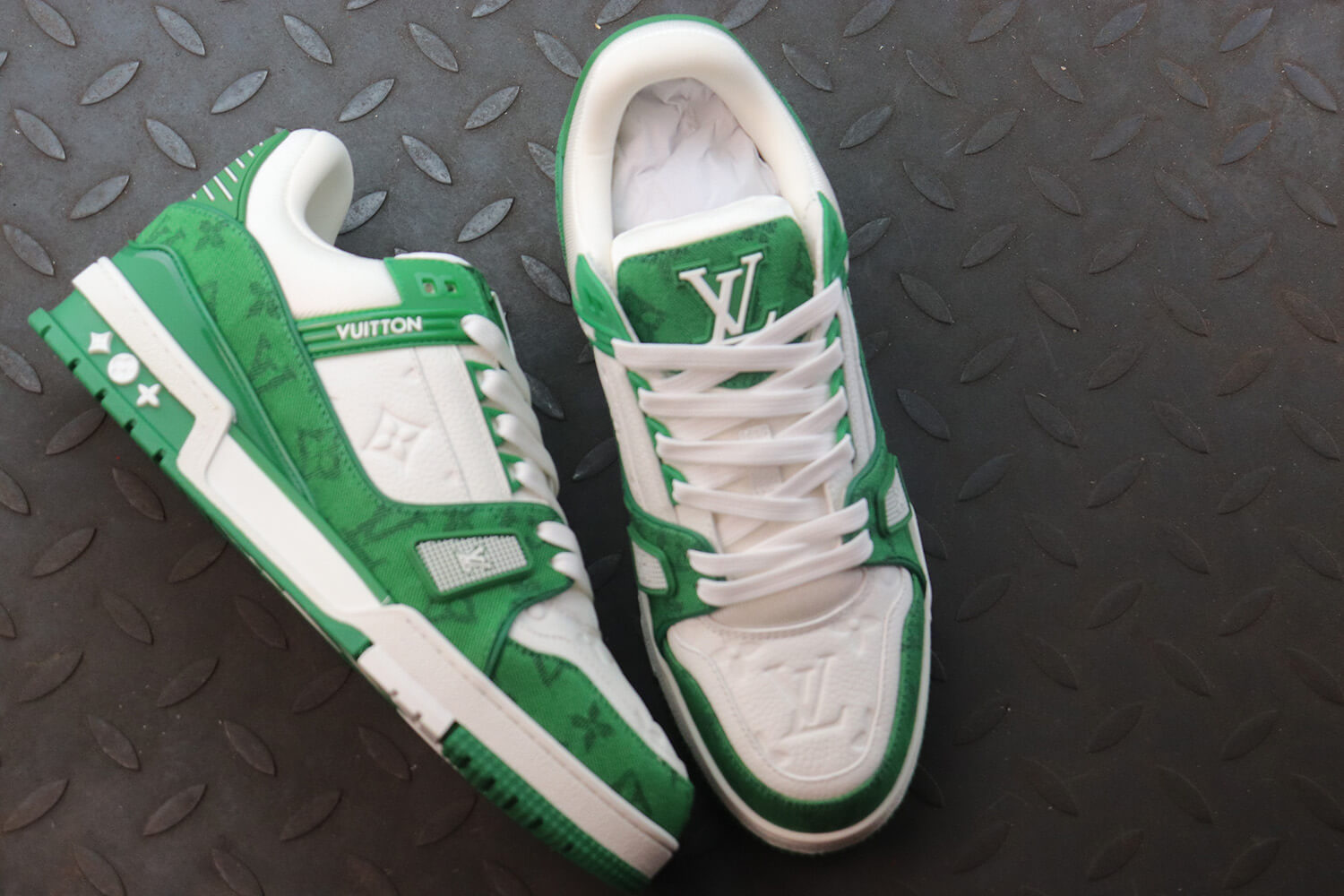 Louis Vuitton LV Trainer Denim Monogram Green White Sneakers