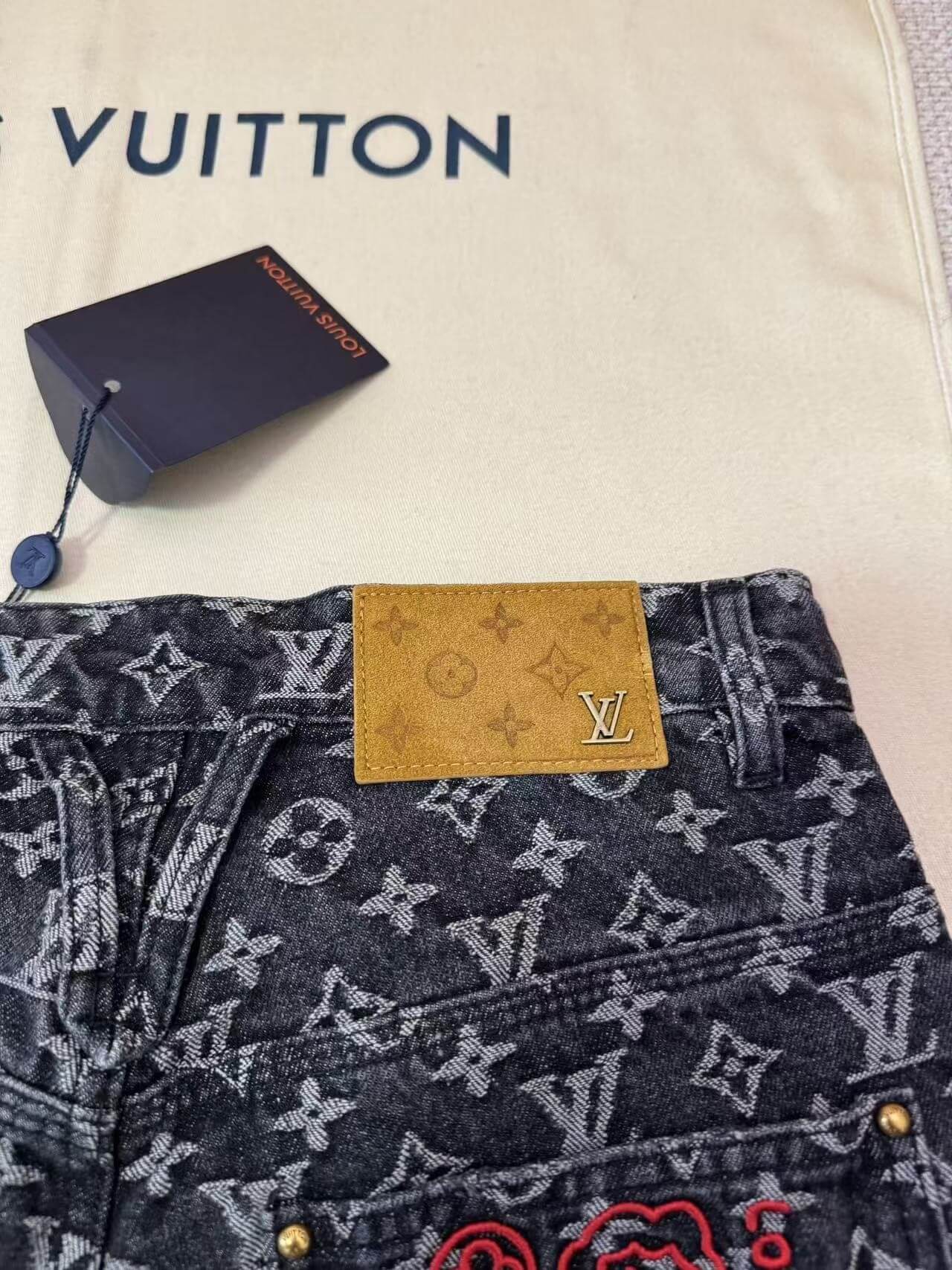 Louis Vuitton LV Washed Black Monogram Jacquard Distressed Denim Jeans