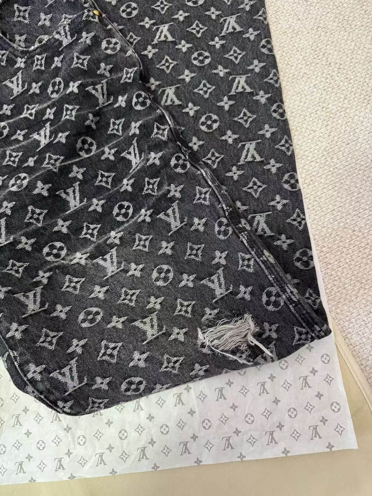 Louis Vuitton LV Washed Black Monogram Jacquard Distressed Denim Jeans