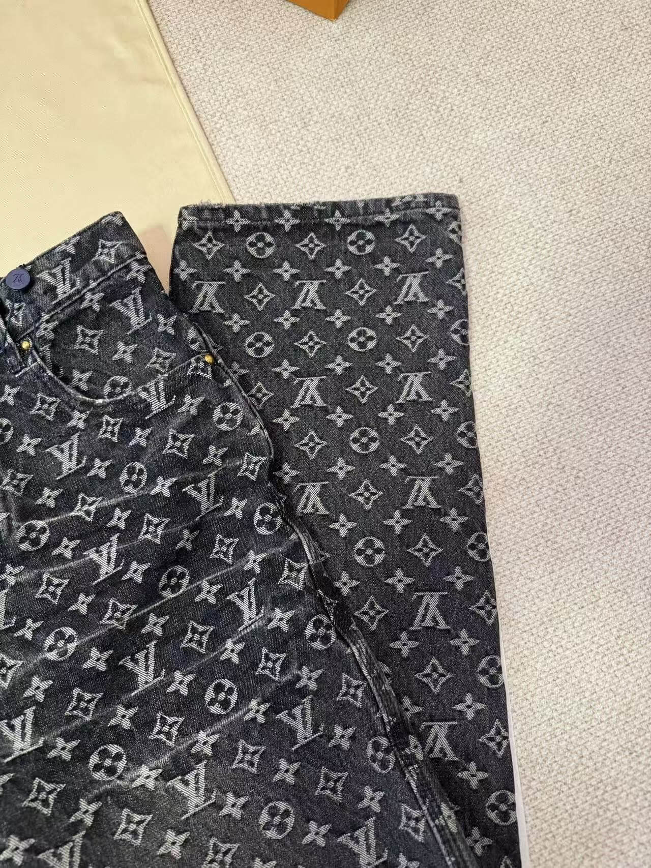 Louis Vuitton LV Washed Black Monogram Jacquard Distressed Denim Jeans