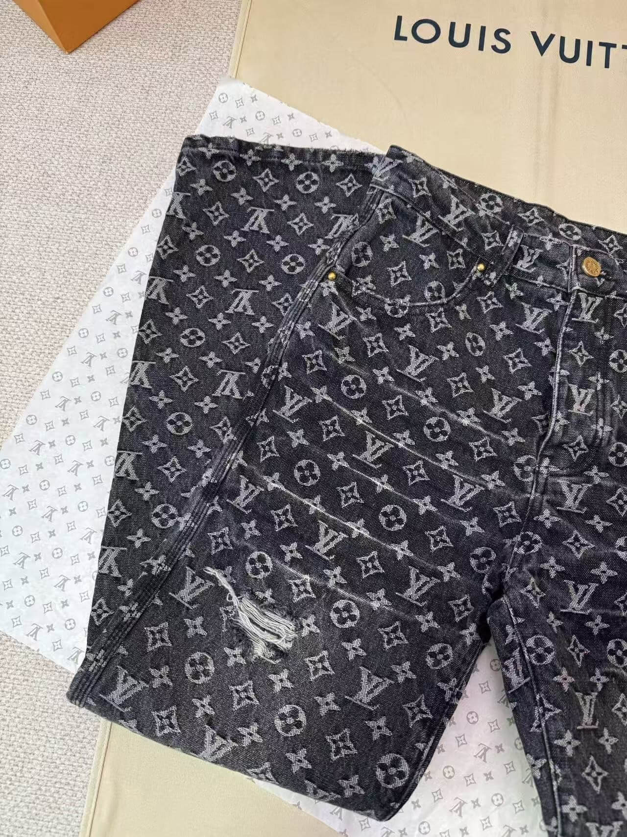 Louis Vuitton LV Washed Black Monogram Jacquard Distressed Denim Jeans