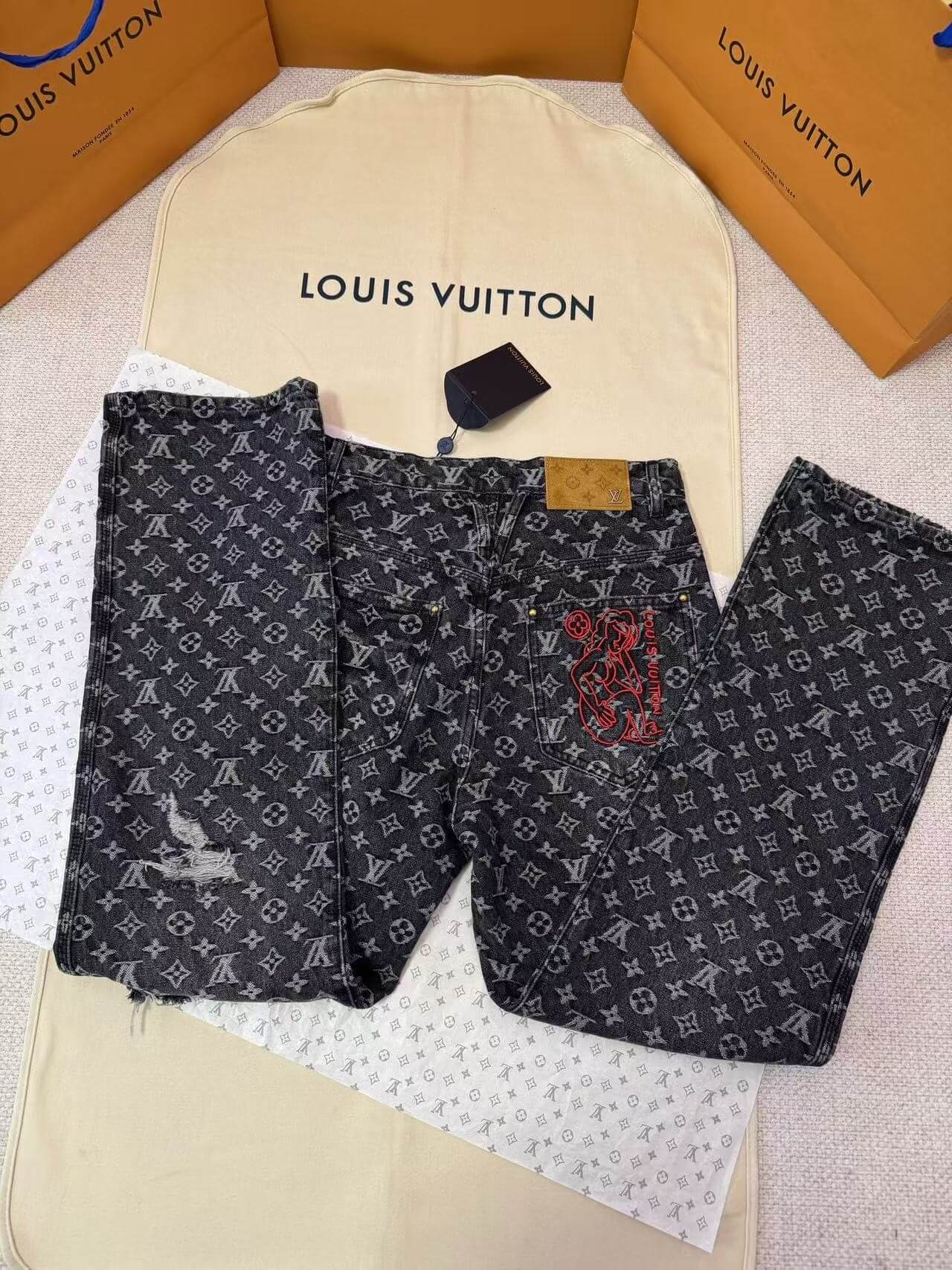 Louis Vuitton LV Washed Black Monogram Jacquard Distressed Denim Jeans