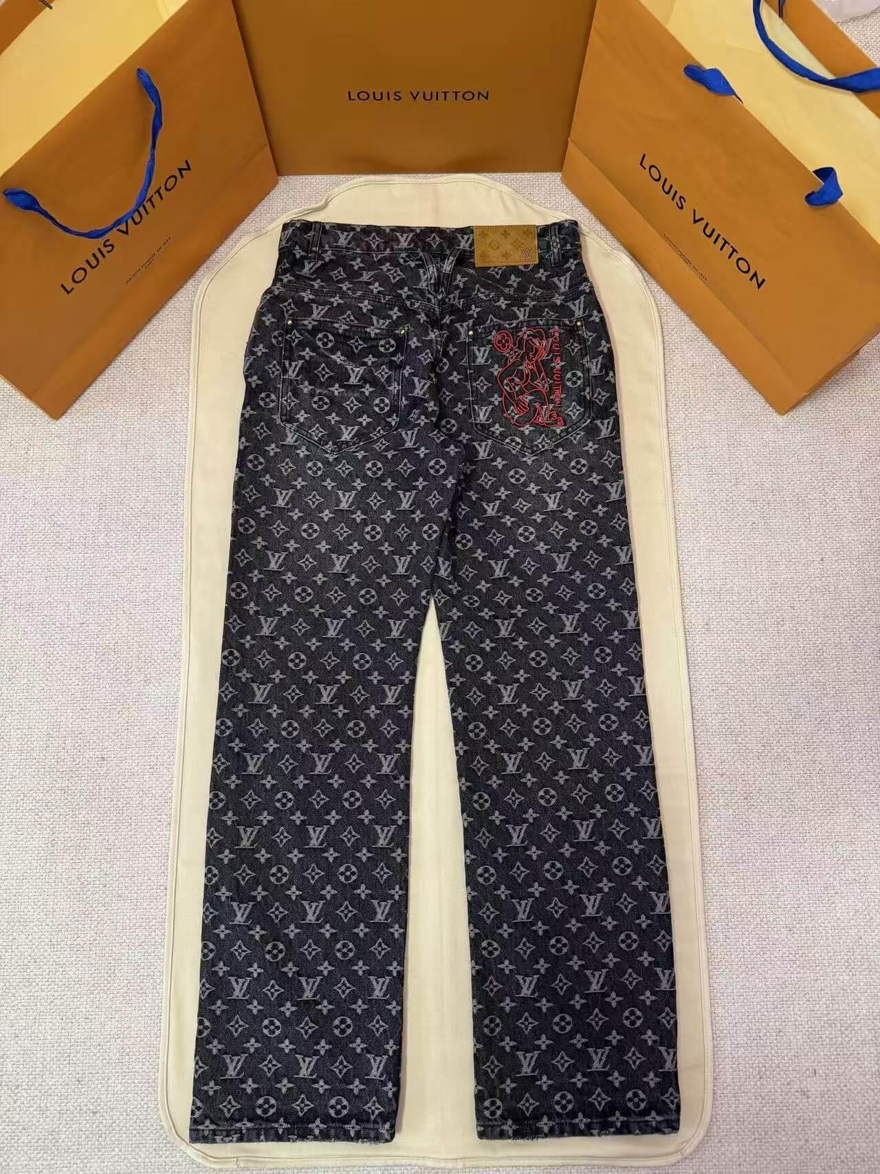 Louis Vuitton LV Washed Black Monogram Jacquard Distressed Denim Jeans