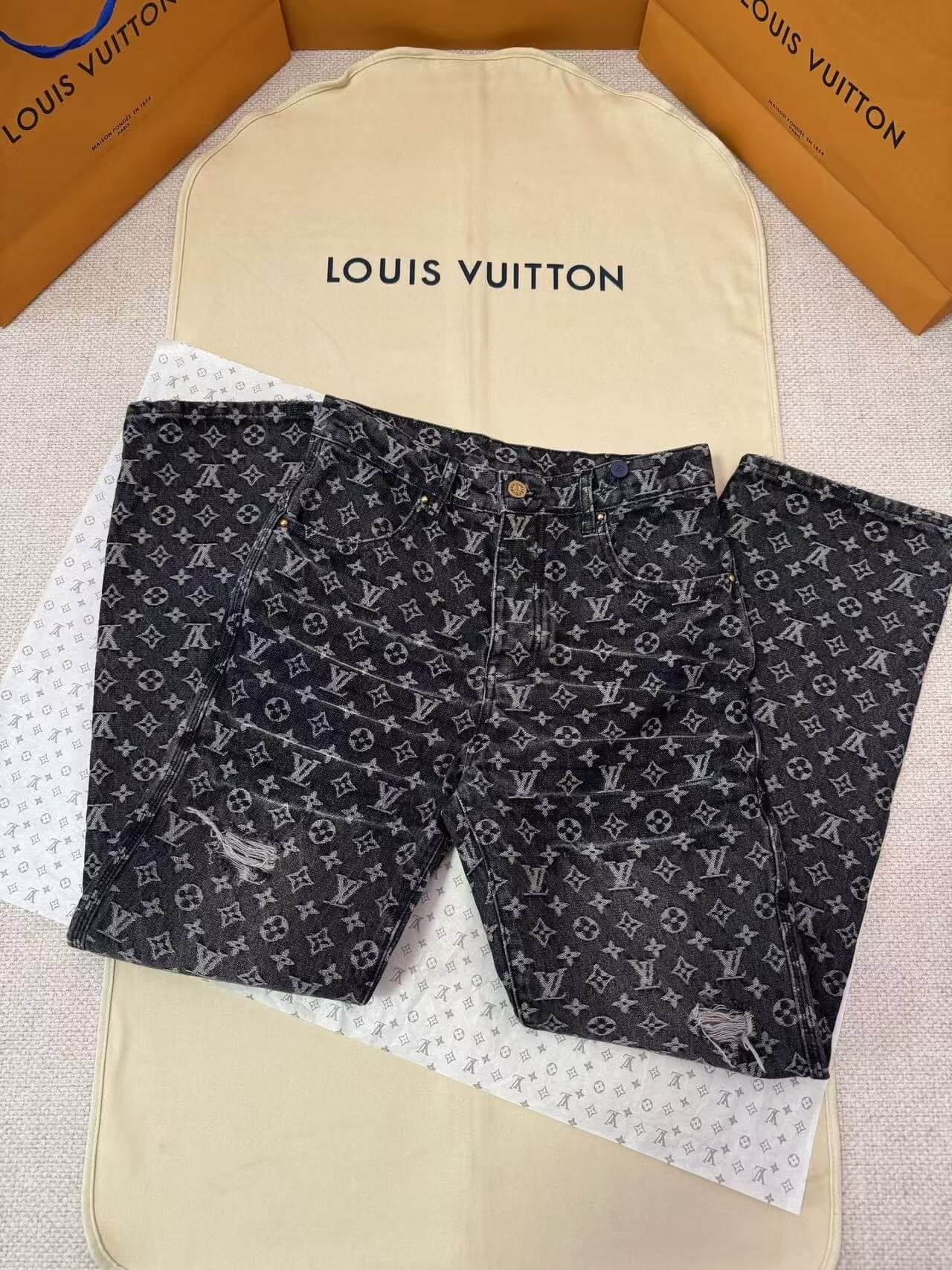Louis Vuitton LV Washed Black Monogram Jacquard Distressed Denim Jeans