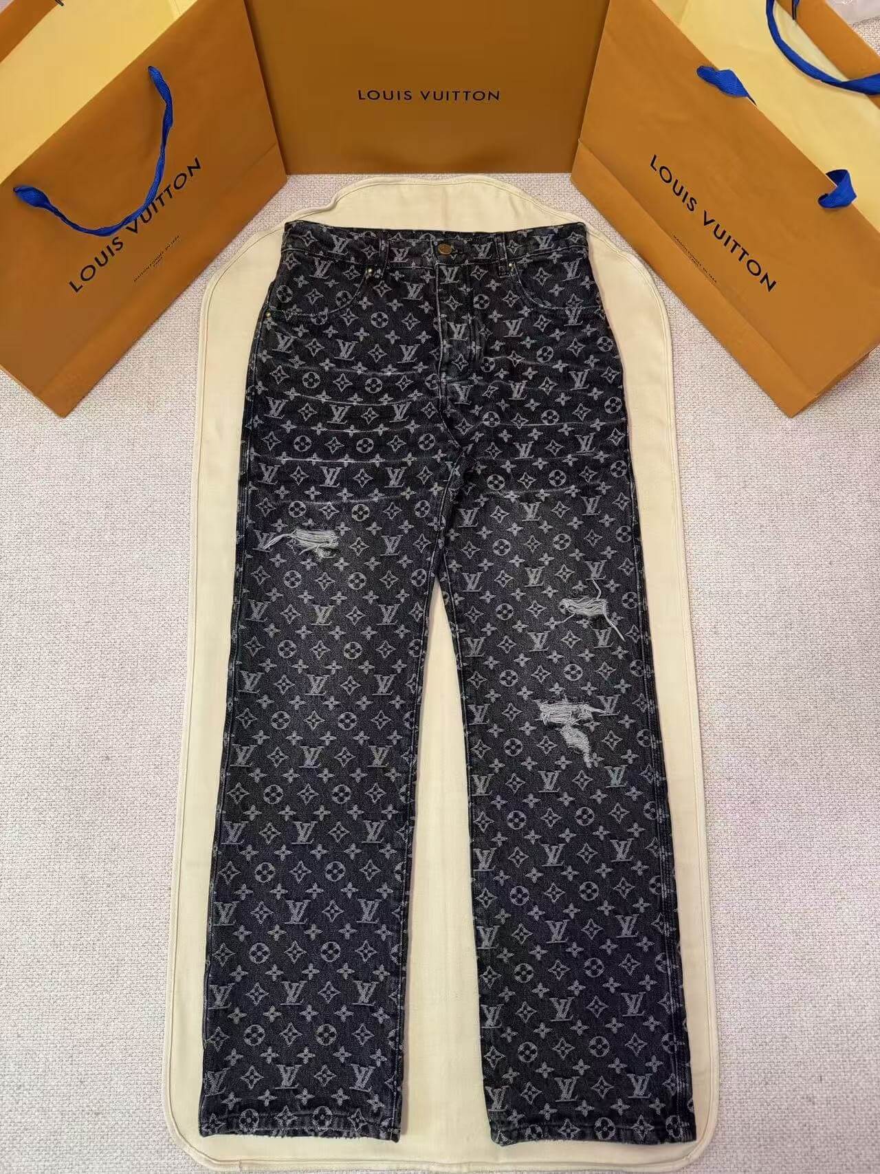 Louis Vuitton LV Washed Black Monogram Jacquard Distressed Denim Jeans