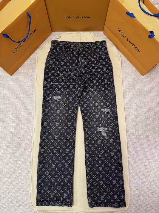 Louis Vuitton LV Washed Black Monogram Jacquard Distressed Denim Jeans