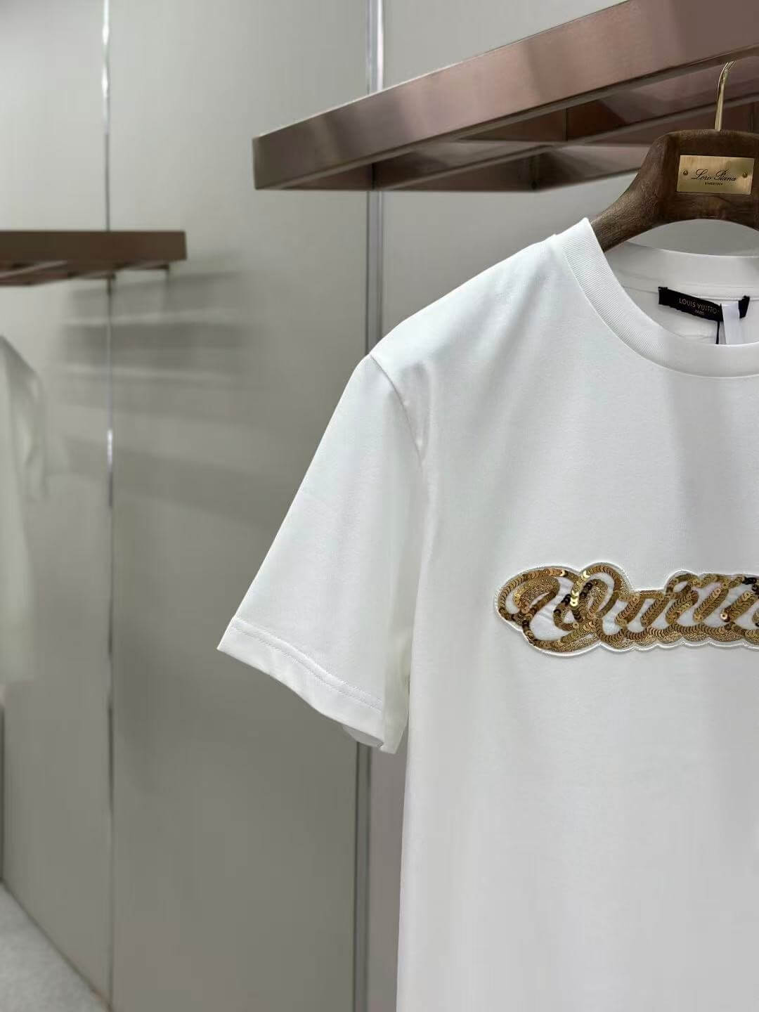 Louis Vuitton White Cotton T-Shirt with Sequin Embroidered Vuitton Logo