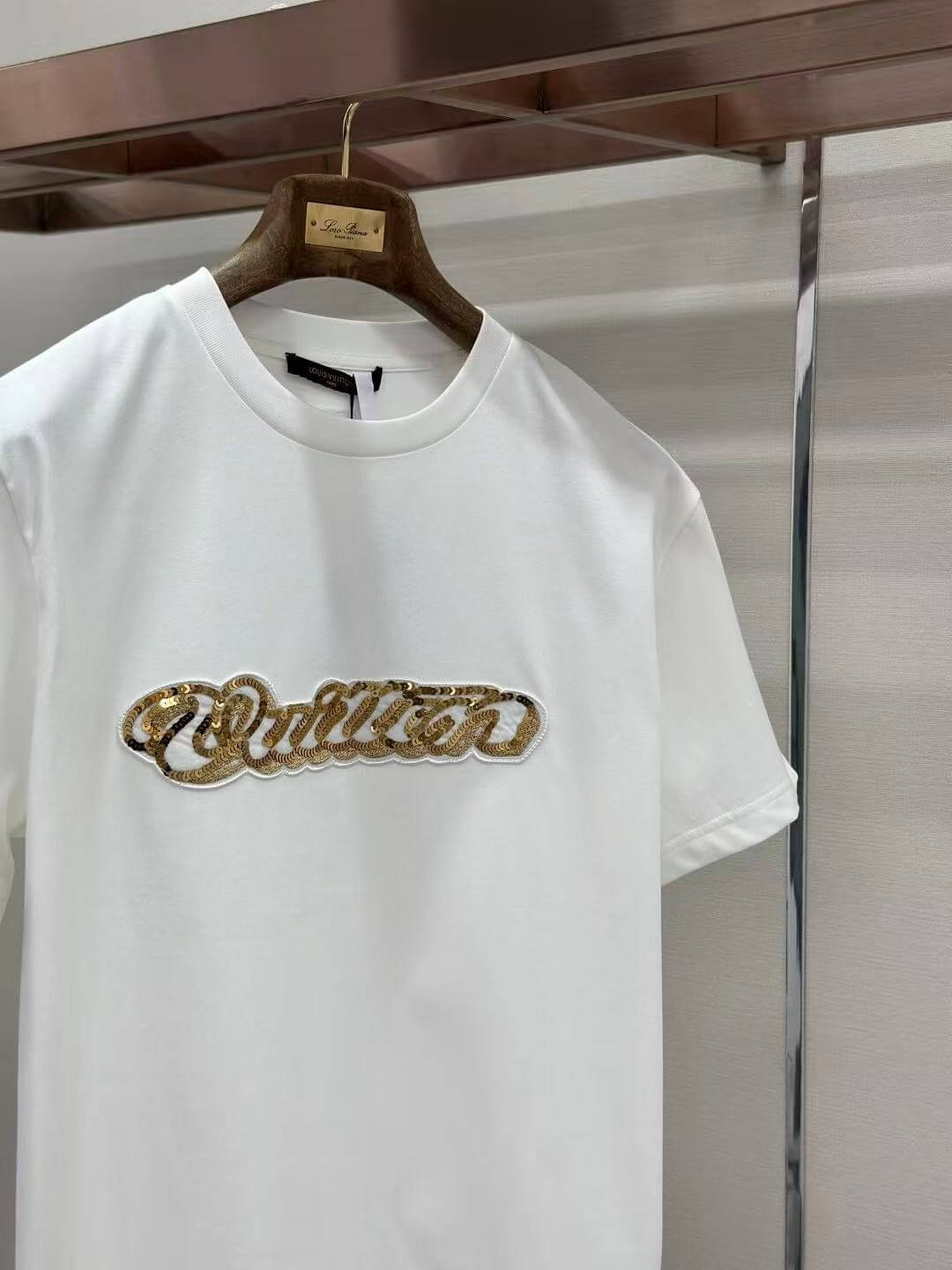 Louis Vuitton White Cotton T-Shirt with Sequin Embroidered Vuitton Logo