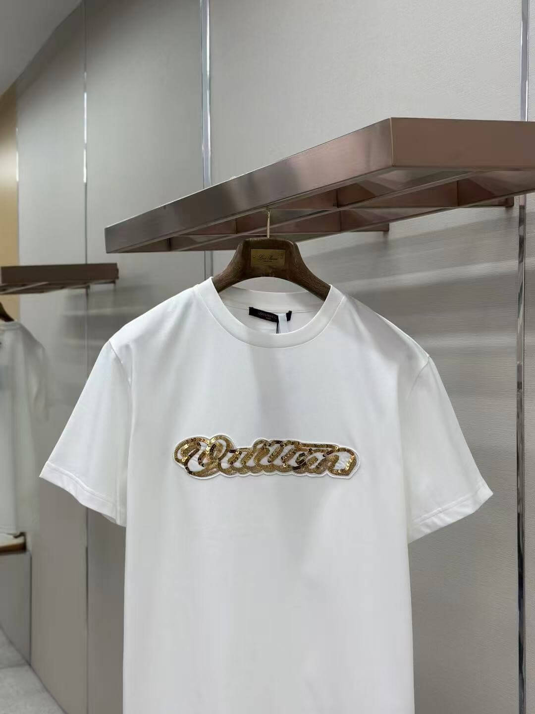 Louis Vuitton White Cotton T-Shirt with Sequin Embroidered Vuitton Logo