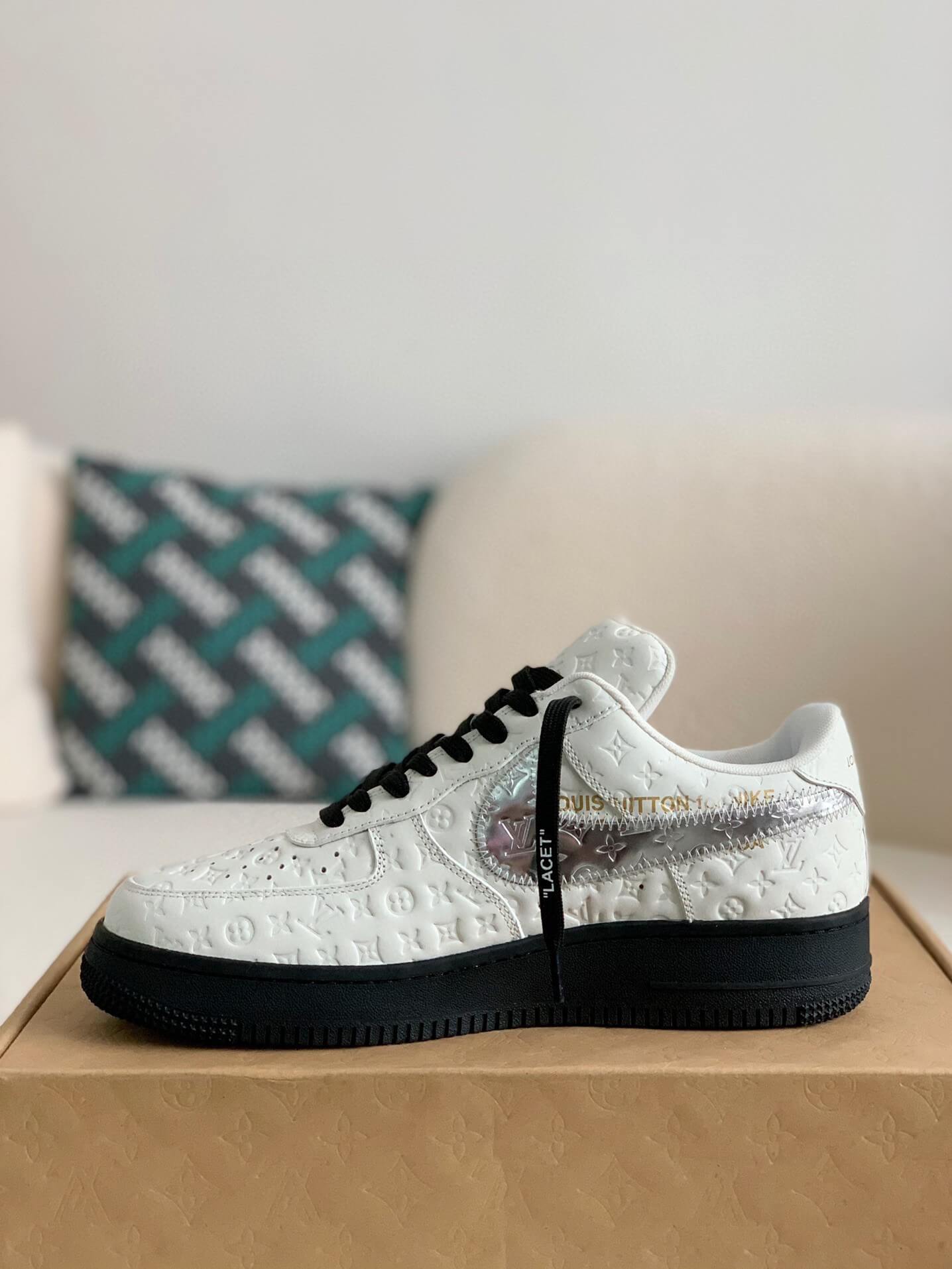 Louis Vuitton x Nike Air Force 1 Low – White & Metallic Silver with Black Sole