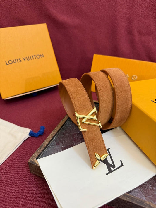 Louis Vuitton LV Pretty 30mm Cognac Suede Belt - Gold Buckle