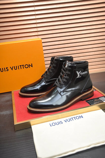 Louis Vuitton LV Patent Leather Custom Black Lace Up Boots