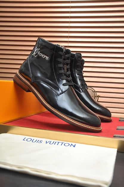 Louis Vuitton LV Patent Leather Custom Black Lace Up Boots