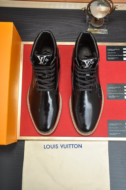 Louis Vuitton LV Patent Leather Custom Black Lace Up Boots