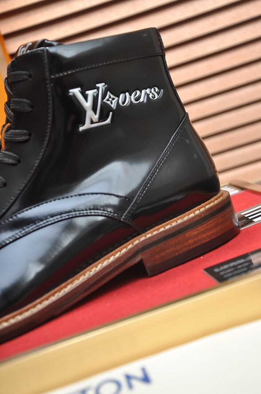 Louis Vuitton LV Patent Leather Custom Black Lace Up Boots