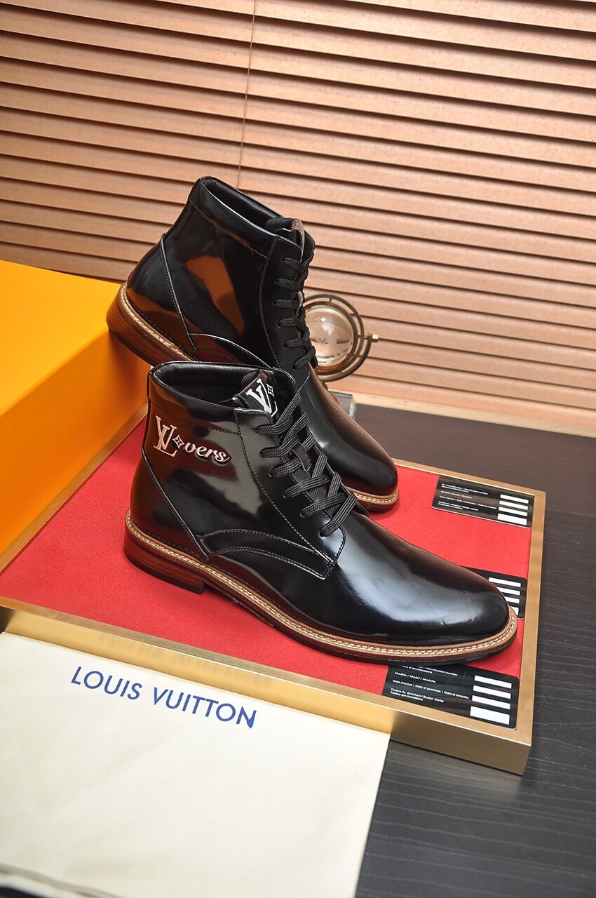 Louis Vuitton LV Patent Leather Custom Black Lace Up Boots