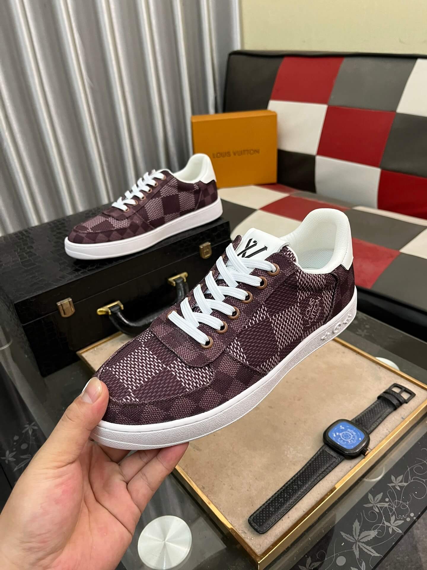 Louis Vuitton LV Custom Damier Burgundy Rivoli Sneaker