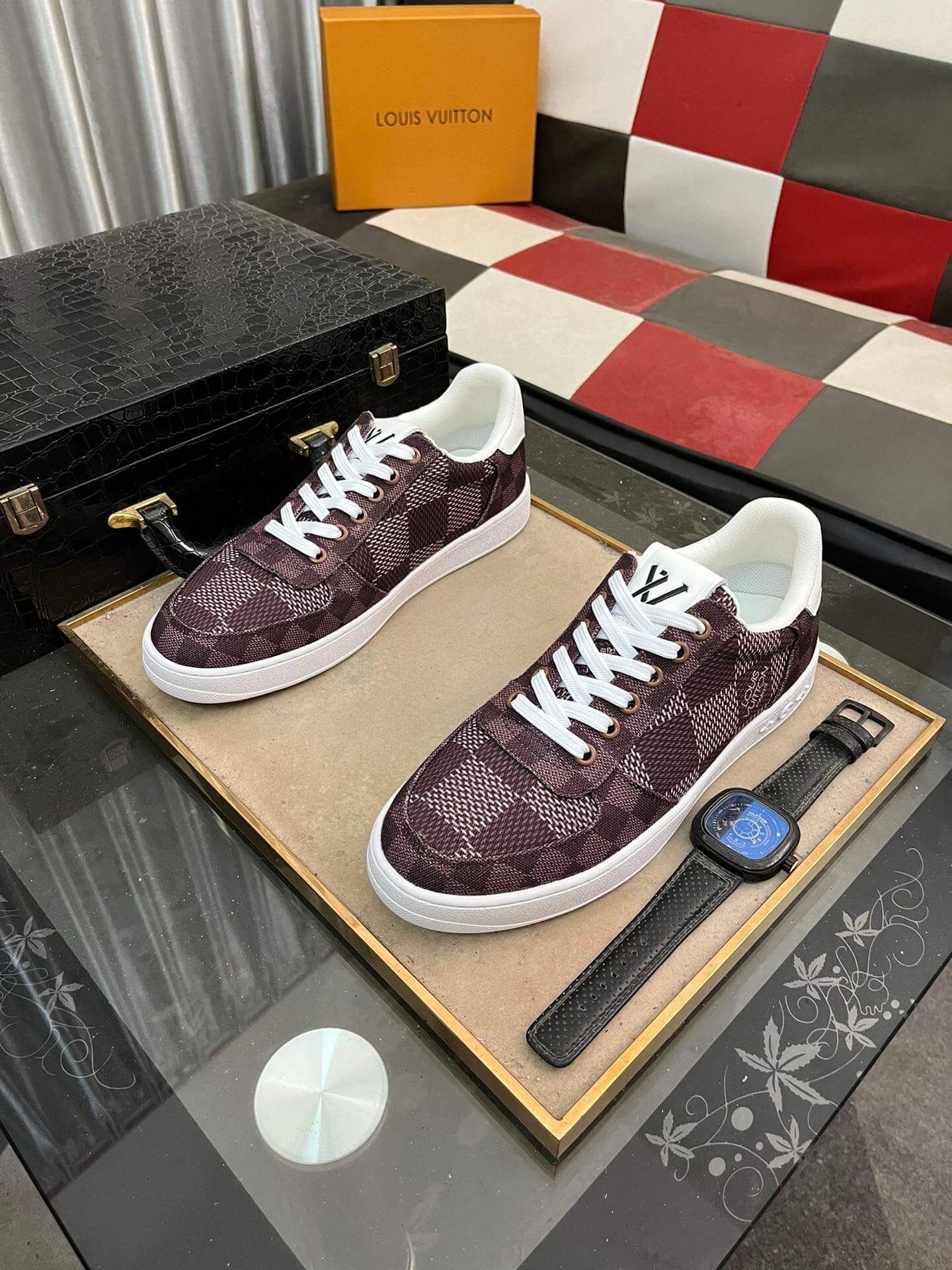 Louis Vuitton LV Custom Damier Burgundy Rivoli Sneaker