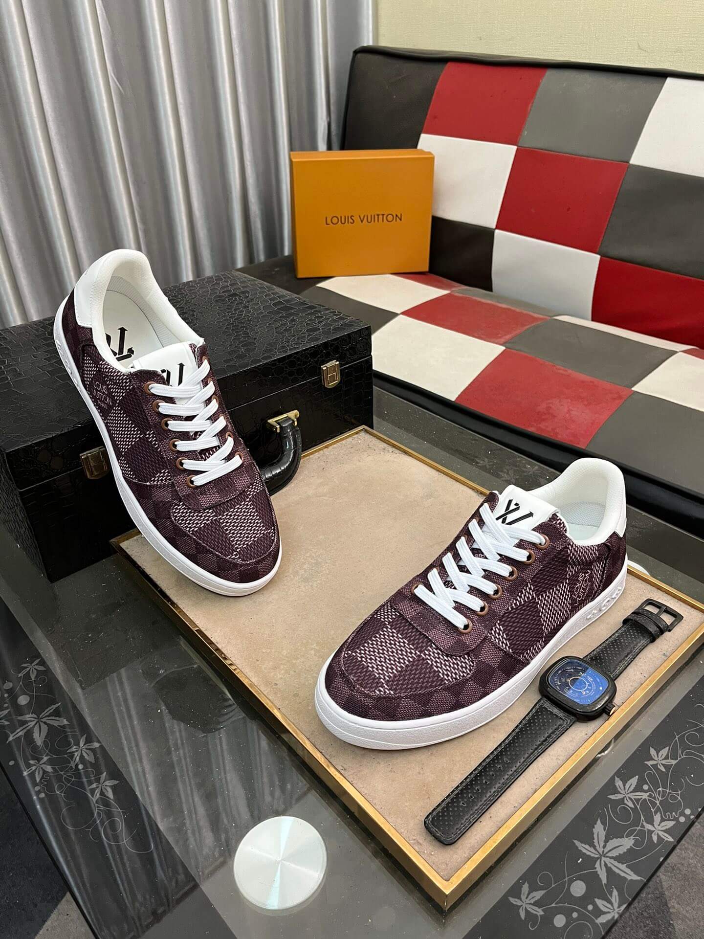 Louis Vuitton LV Custom Damier Burgundy Rivoli Sneaker