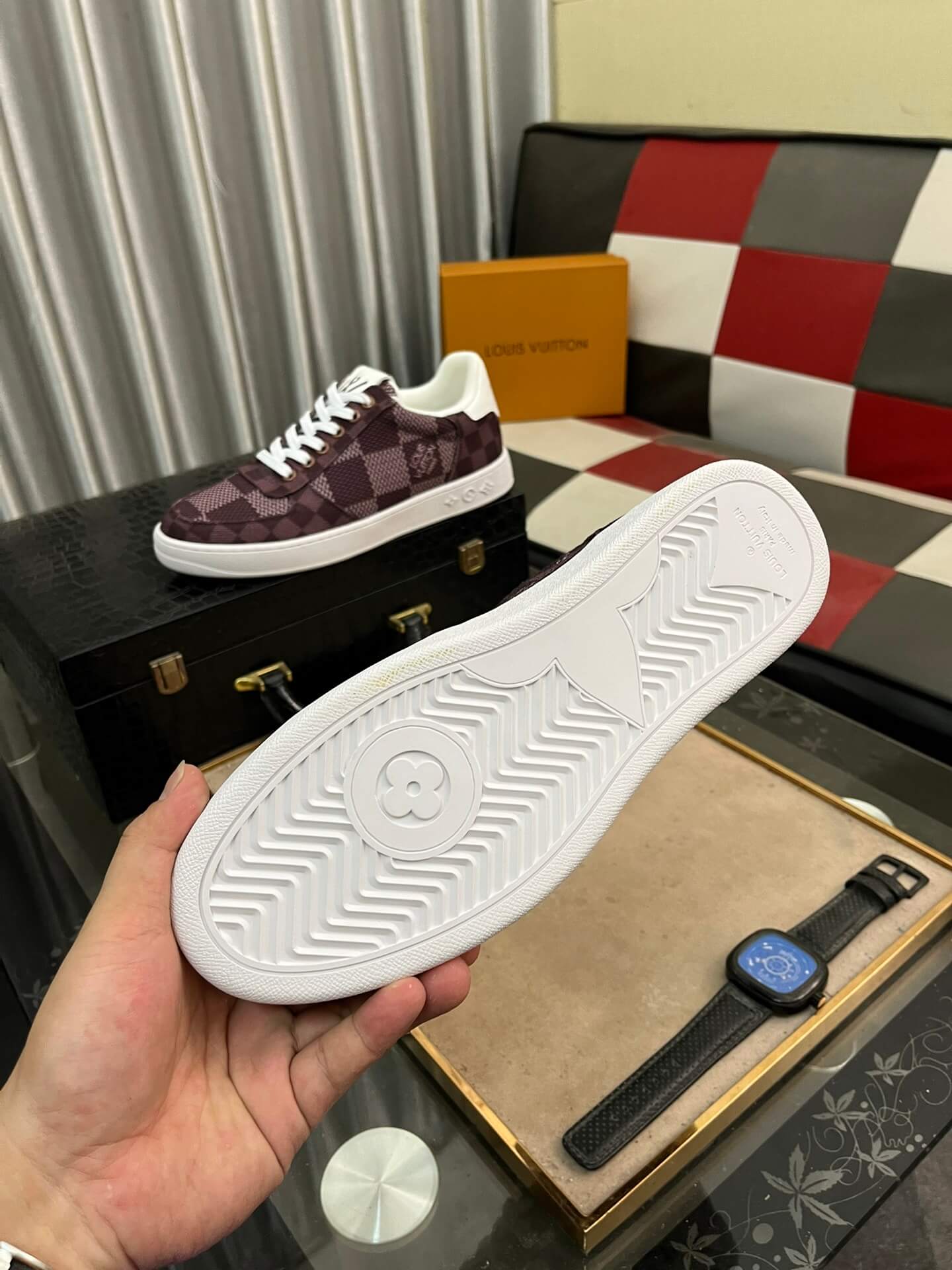 Louis Vuitton LV Custom Damier Burgundy Rivoli Sneaker