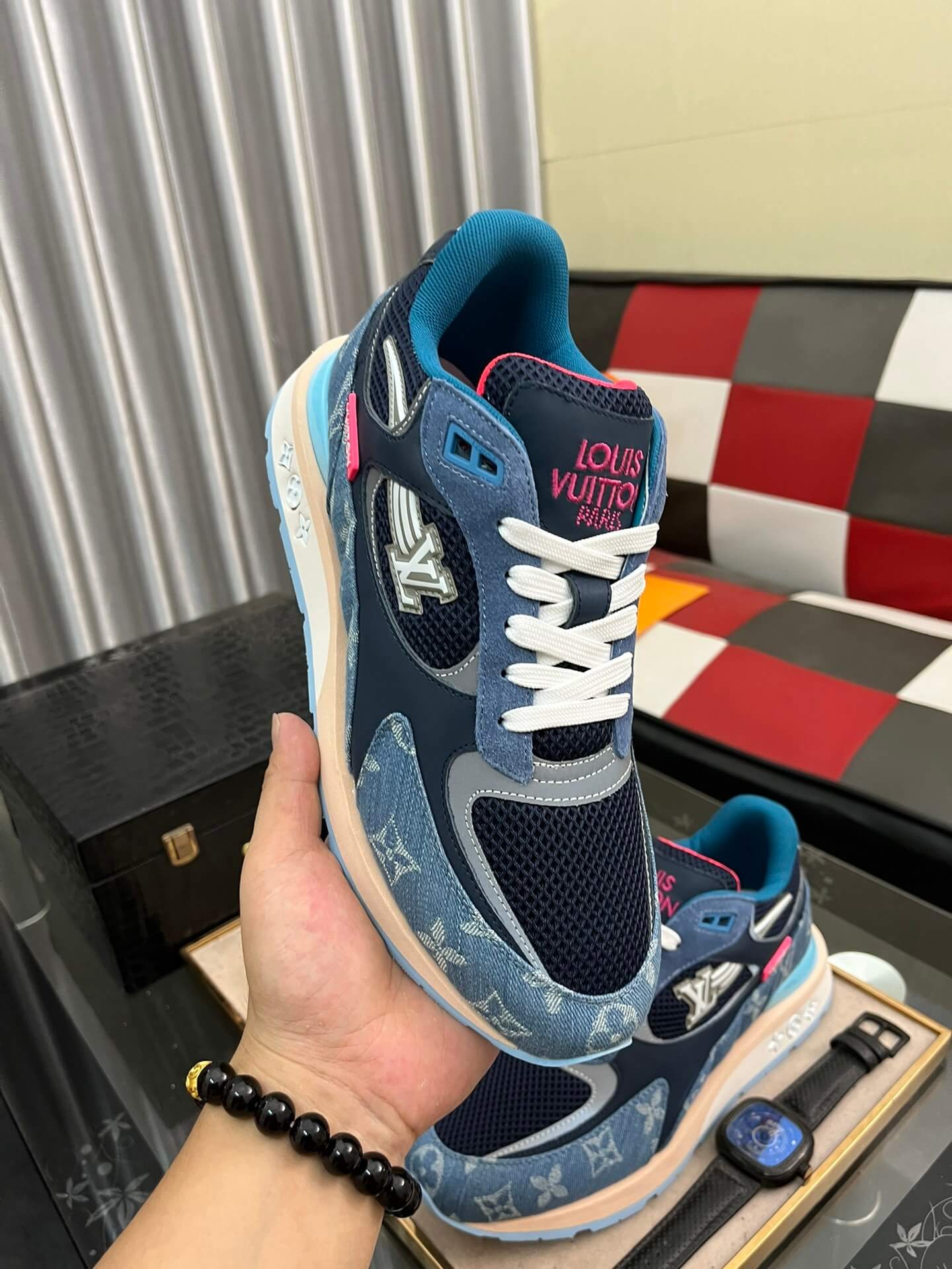 Louis Vuitton LV Drop 300 Sneaker – Blue Monogram Denim & Navy Pink