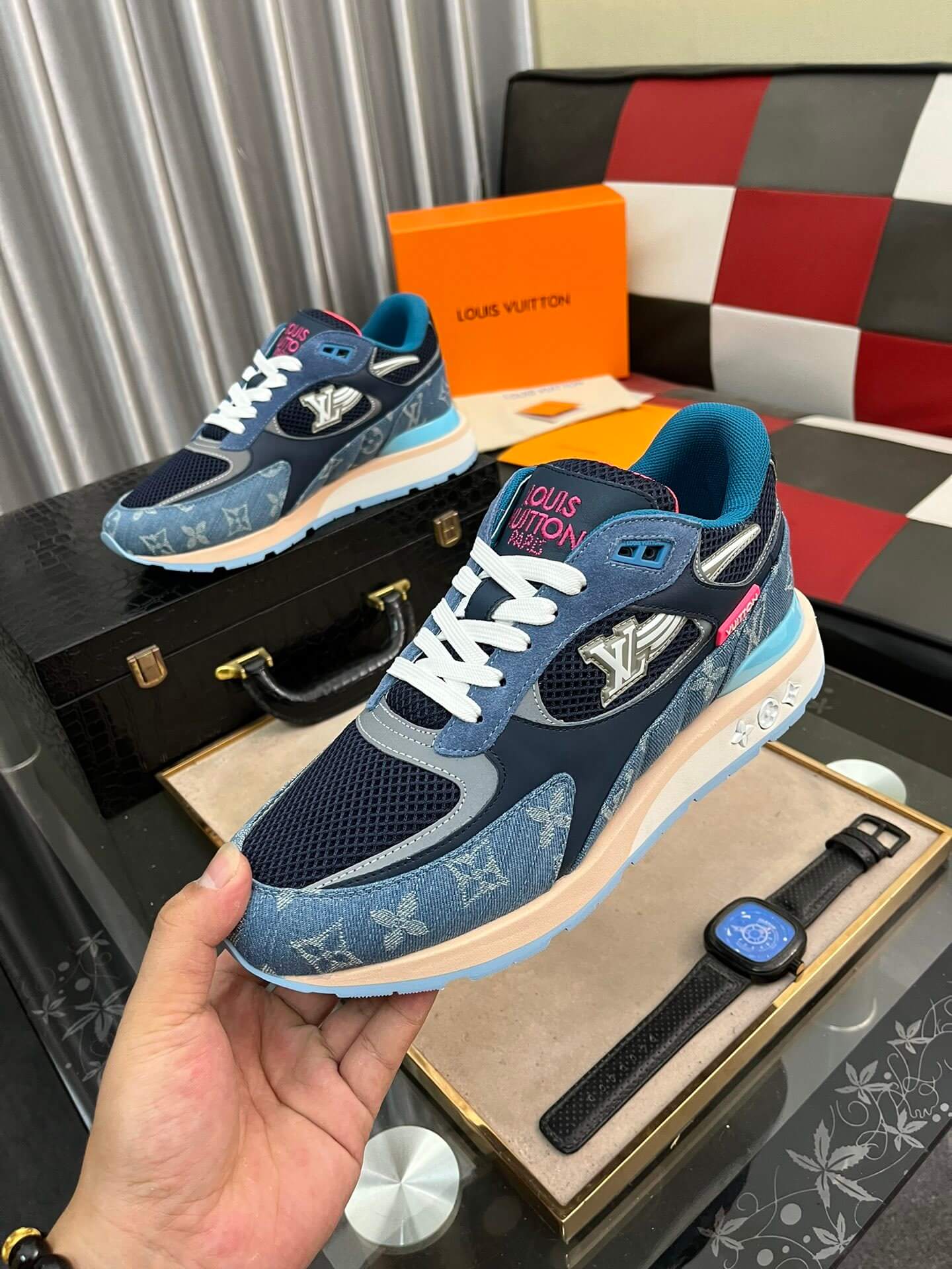 Louis Vuitton LV Drop 300 Sneaker – Blue Monogram Denim & Navy Pink