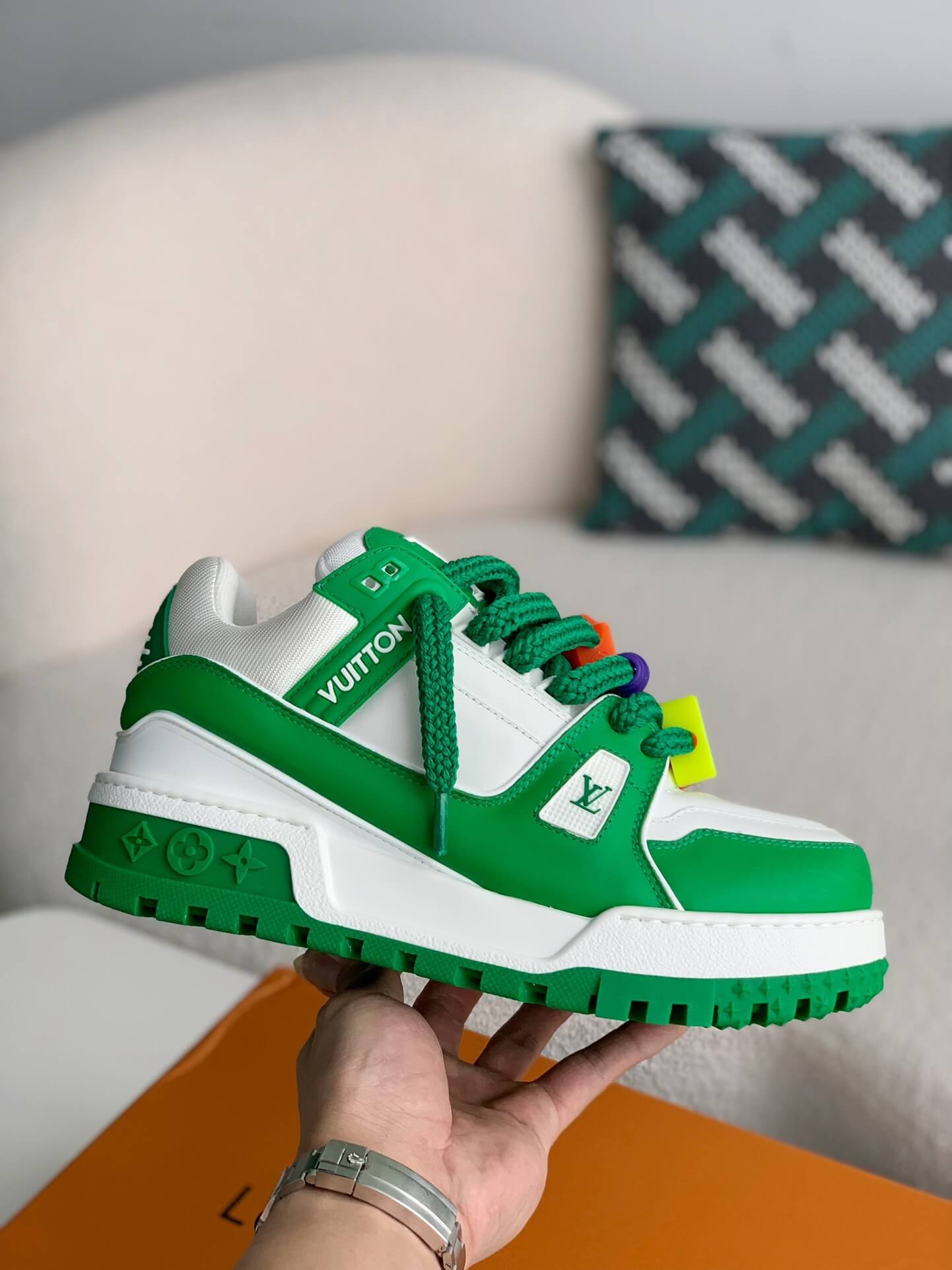 Louis Vuitton LV Maxi Trainer – Green & White Calf Leather with Multicolor Beads