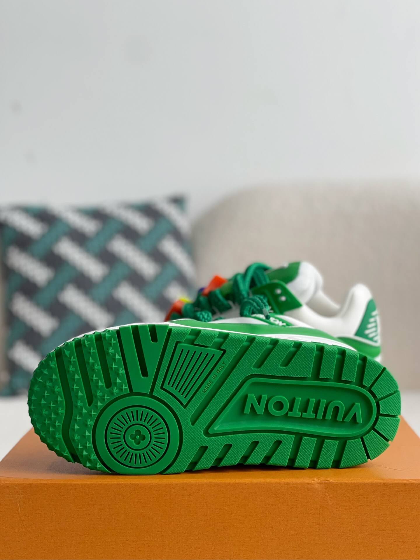 Louis Vuitton LV Maxi Trainer – Green & White Calf Leather with Multicolor Beads
