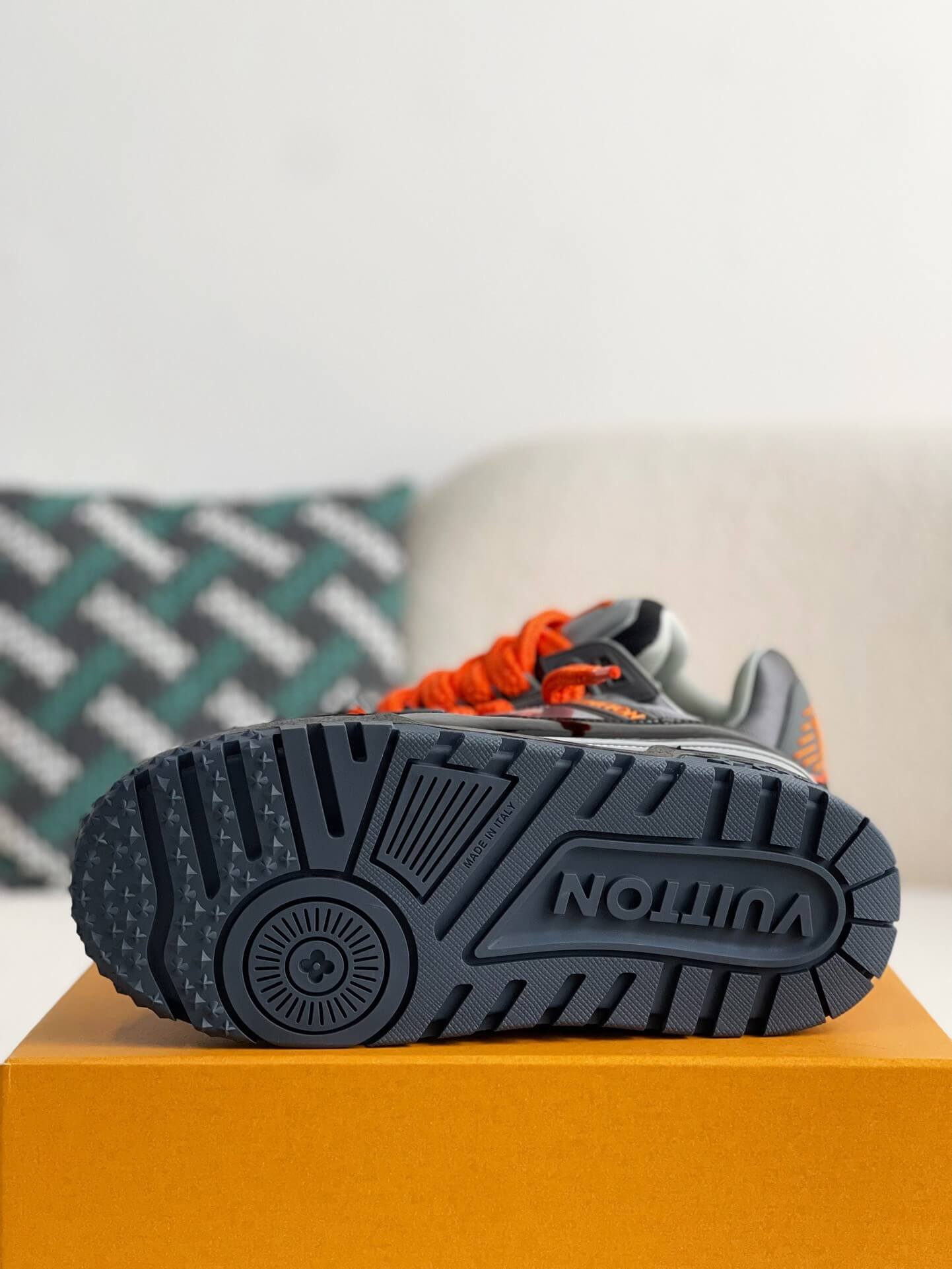 Louis Vuitton LV Maxi Trainer – Grey & Black Patent Leather with Orange Accents